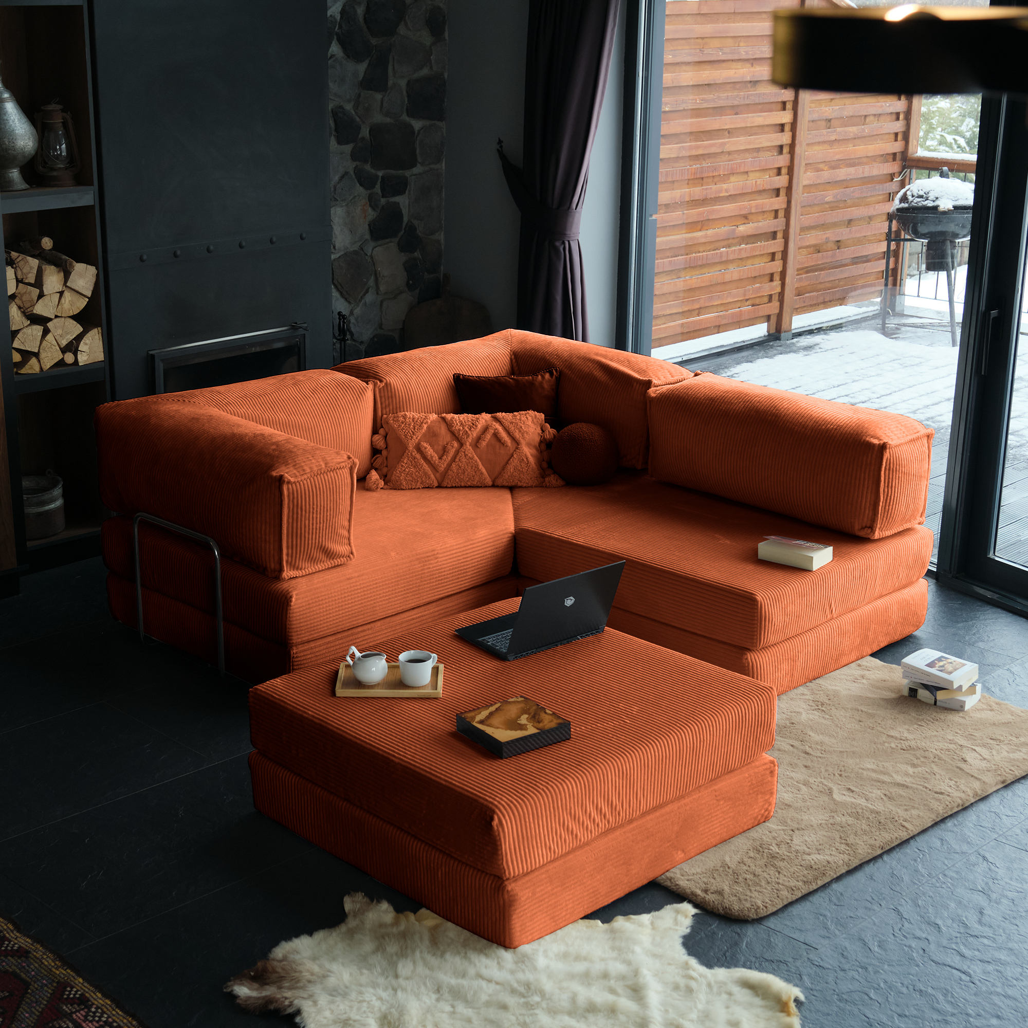 L Form Ultra Comfort Velvet Sofa - Brick