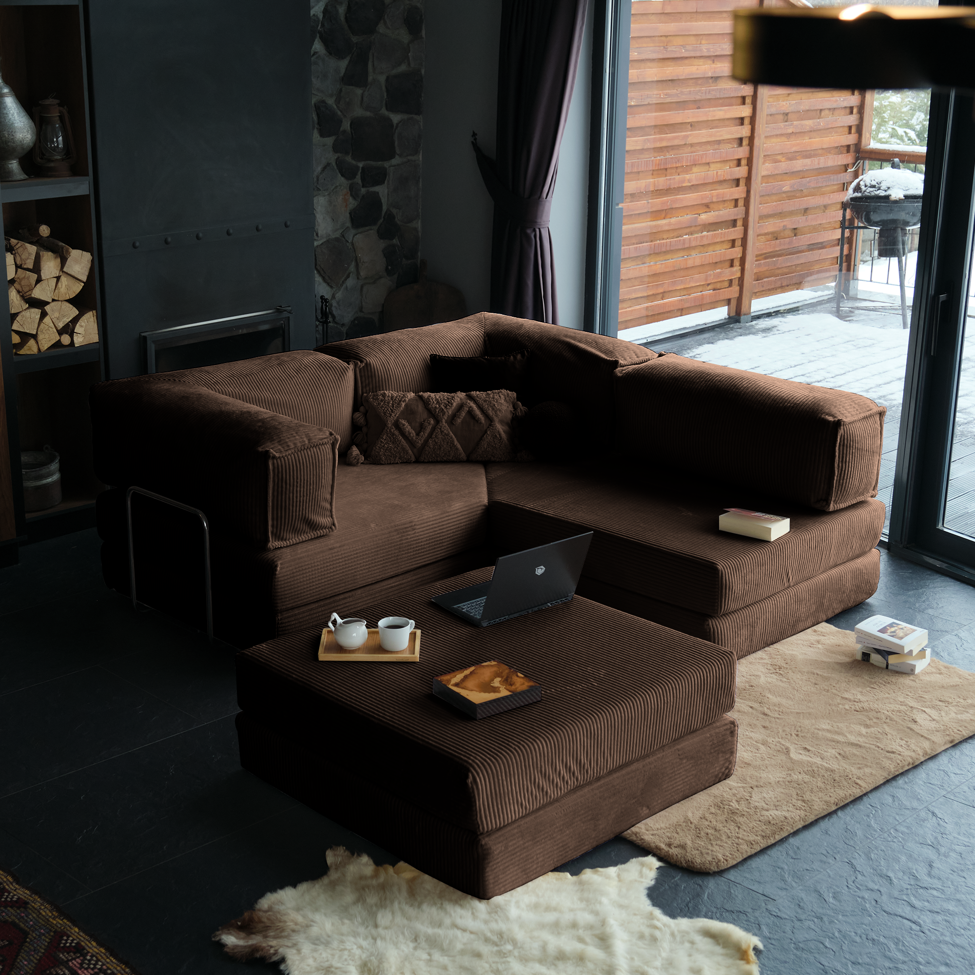 L Form Ultra Comfort Velvet Sofa - Brick