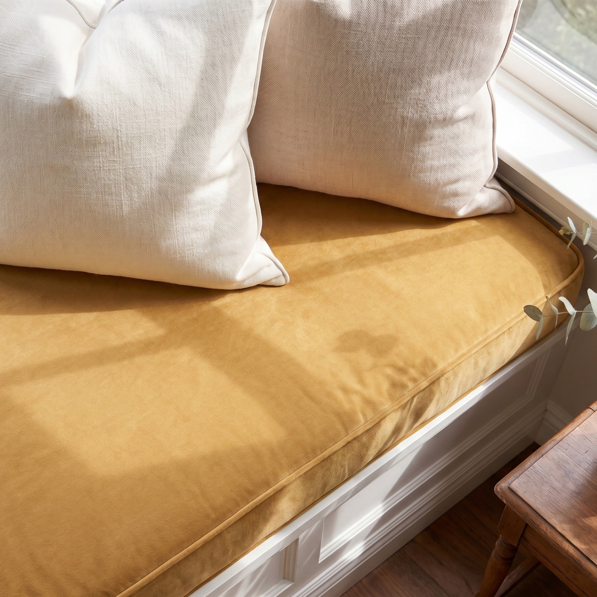 Custom Velvet & Cotton Mustard Flat Window Seat Cushion - Baby 7