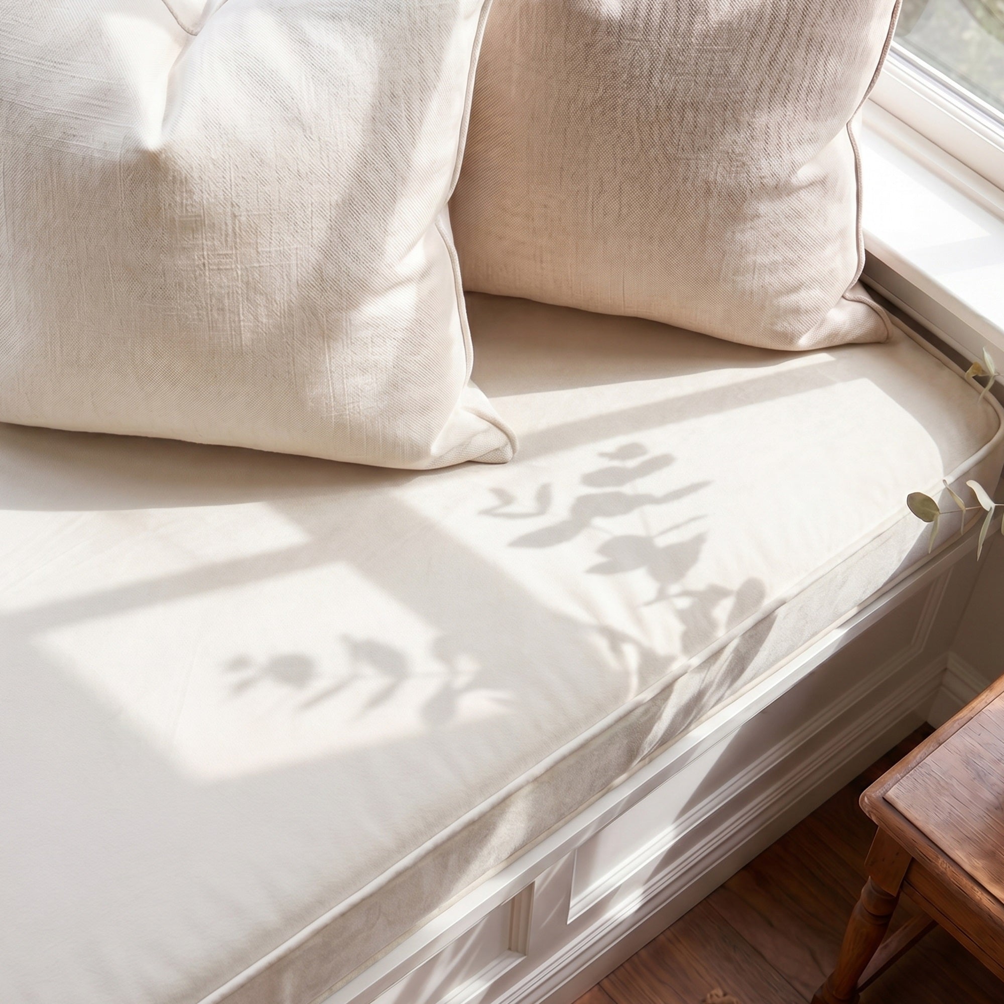 Custom Velvet & Cotton Cream Flat Window Seat Cushion - Baby 1