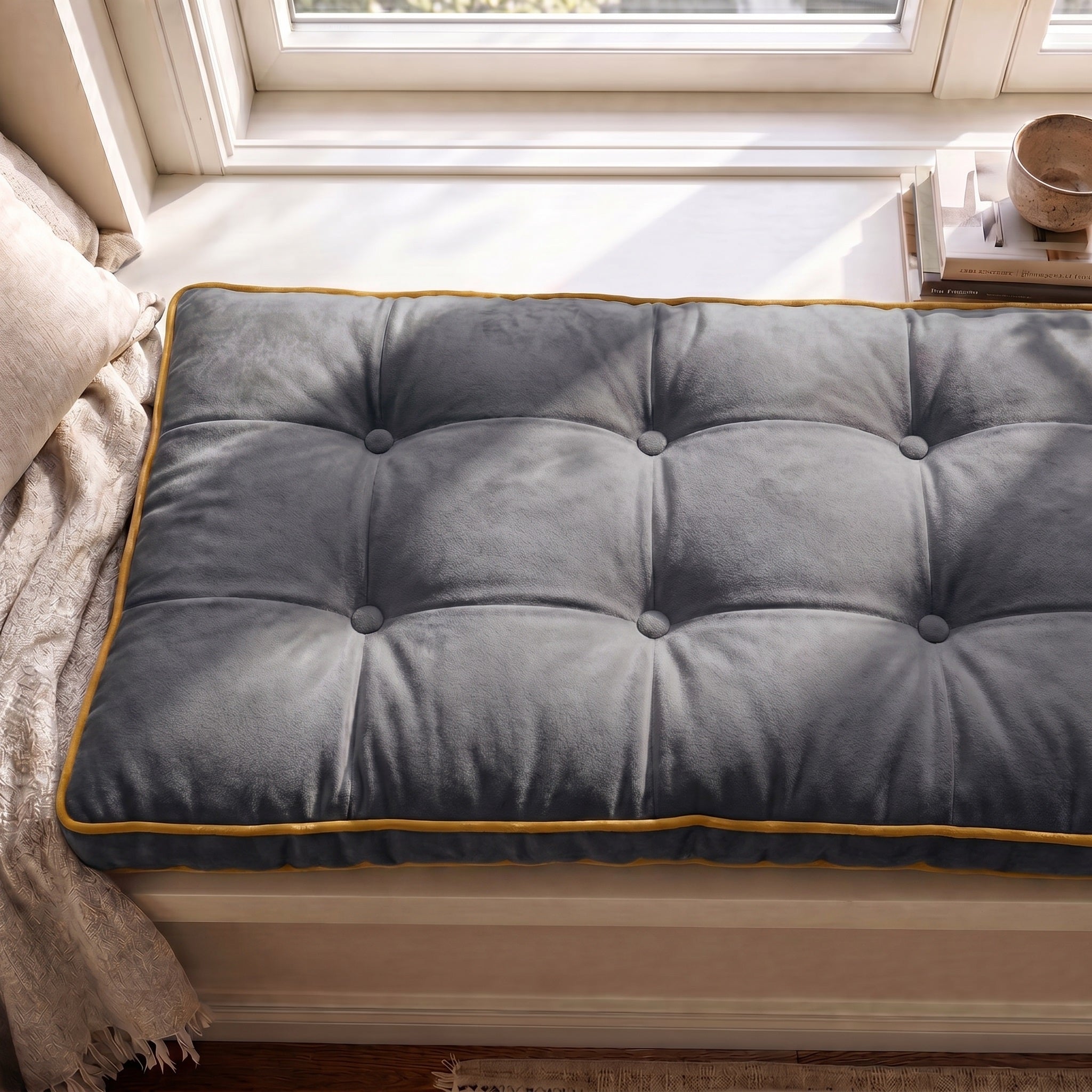 Custom Velvet & Cotton Colorful Piping Tufted Entryway Bench Cushion