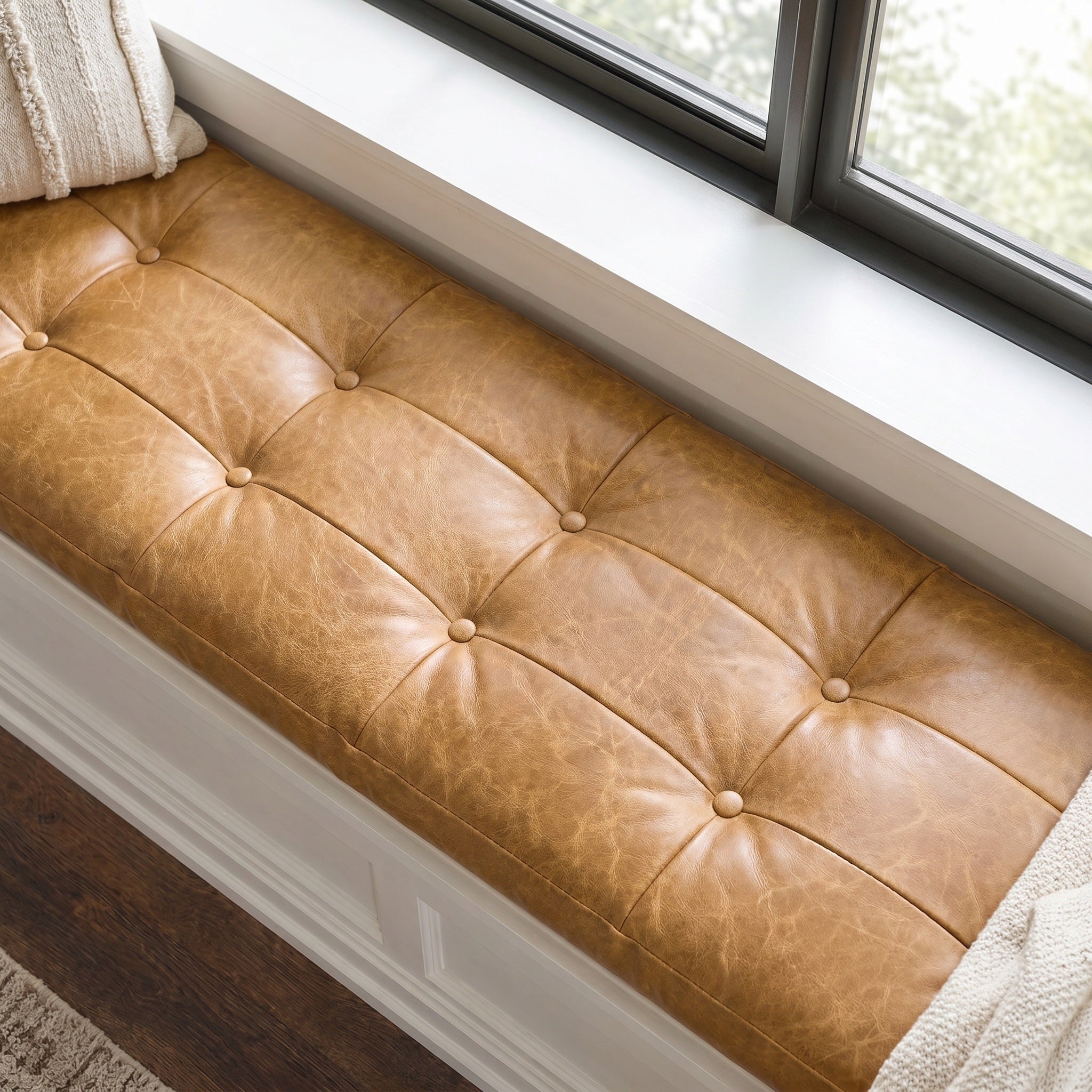 Custom Camel Tufted Leather Bench Seat Cushion