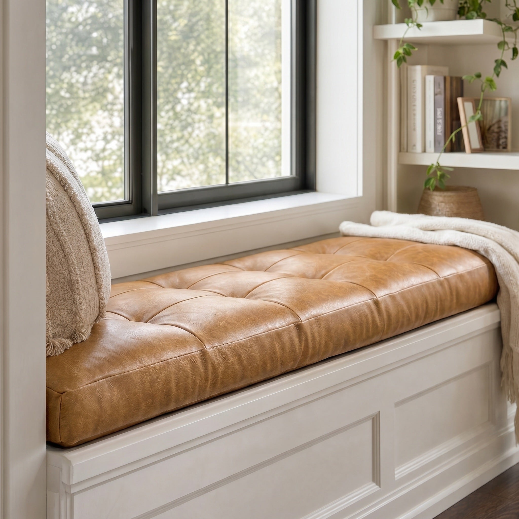 Custom Camel Tufted Leather Bench Seat Cushion