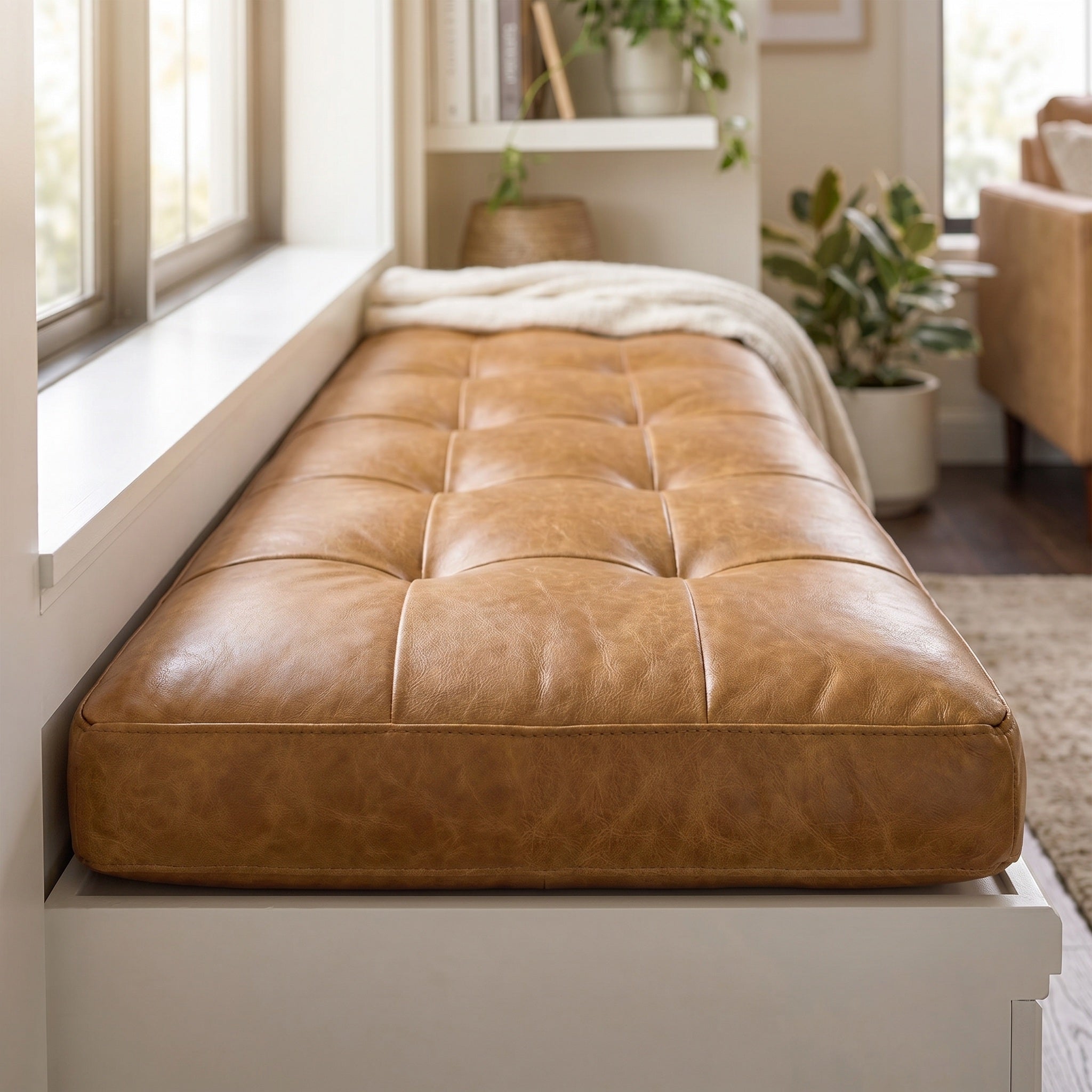Custom Camel Tufted Leather Bench Seat Cushion