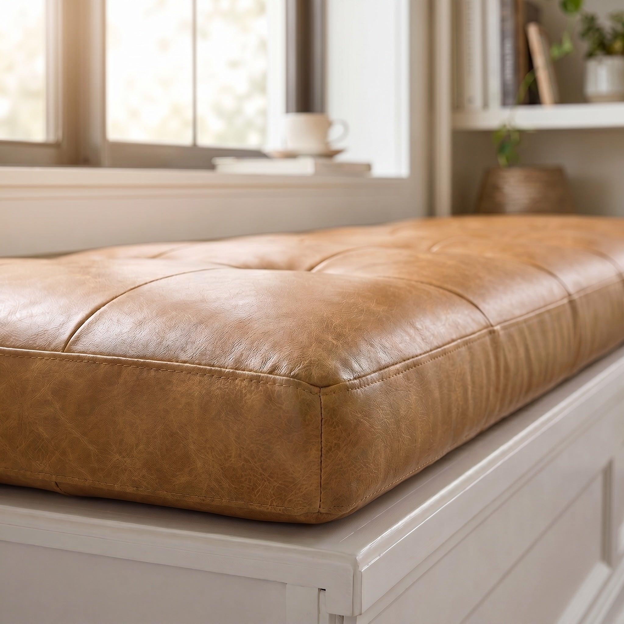 Custom Camel Tufted Leather Bench Seat Cushion