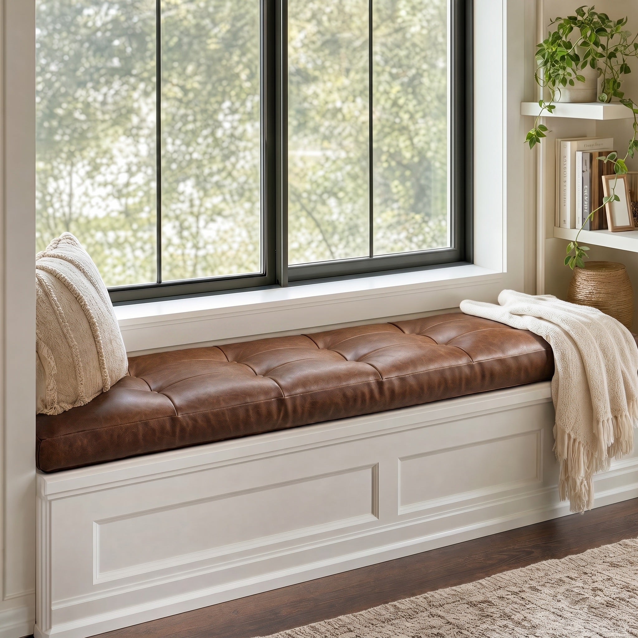 Custom Brown Tufted Leather Bench Seat Cushion