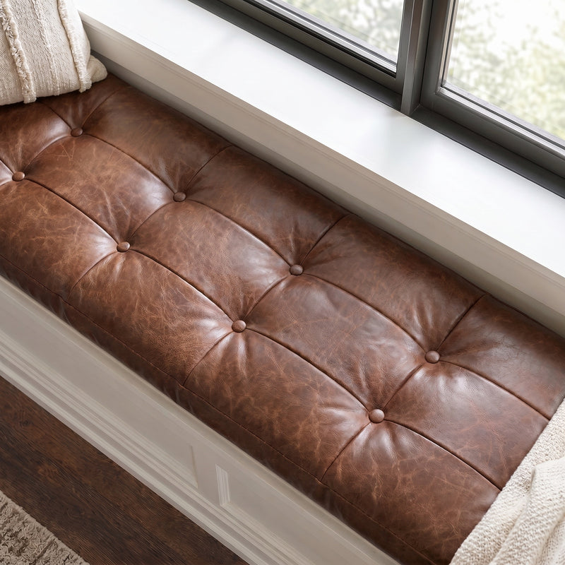 Custom Brown Tufted Leather Bench Seat Cushion