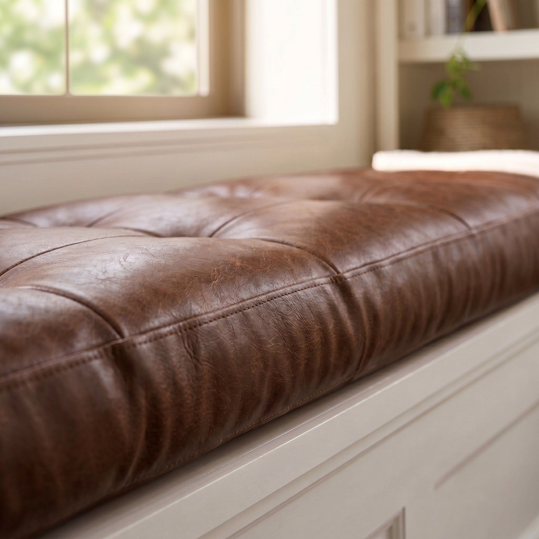 Custom Brown Tufted Leather Bench Seat Cushion