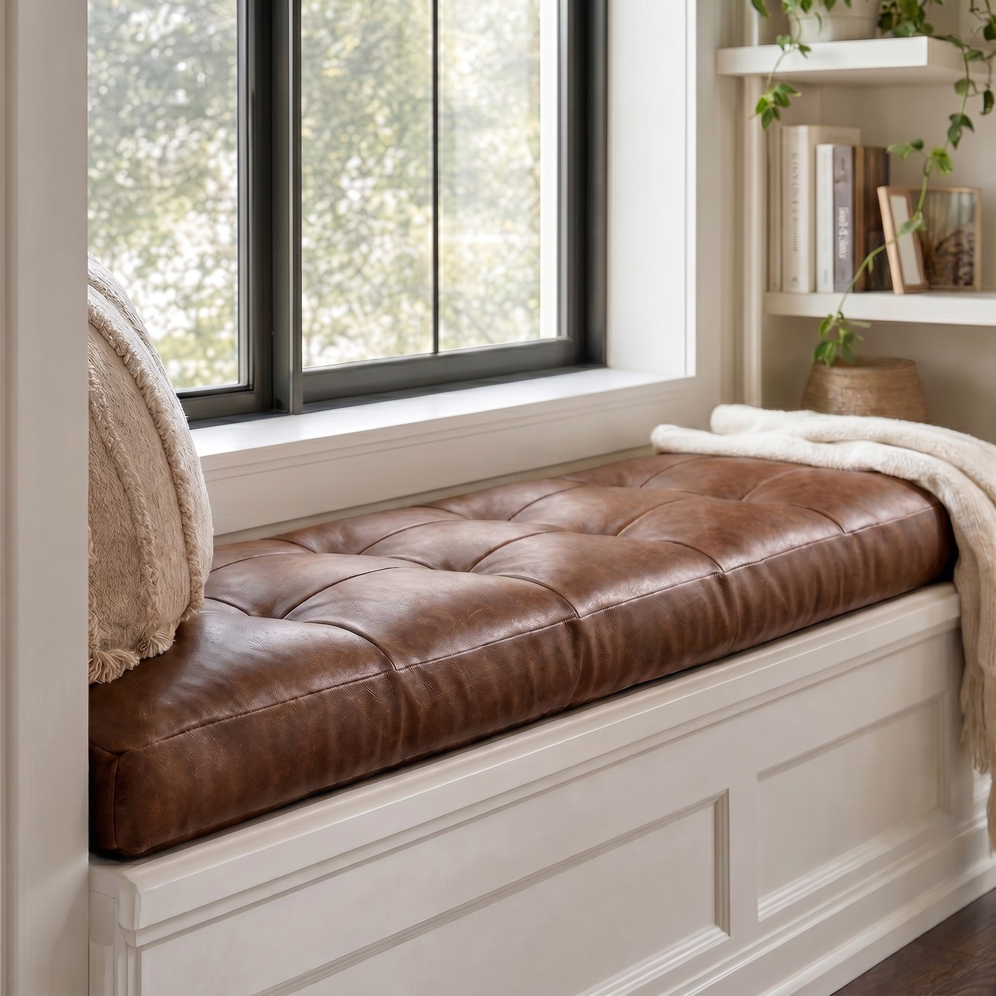 Custom Brown Tufted Leather Bench Seat Cushion