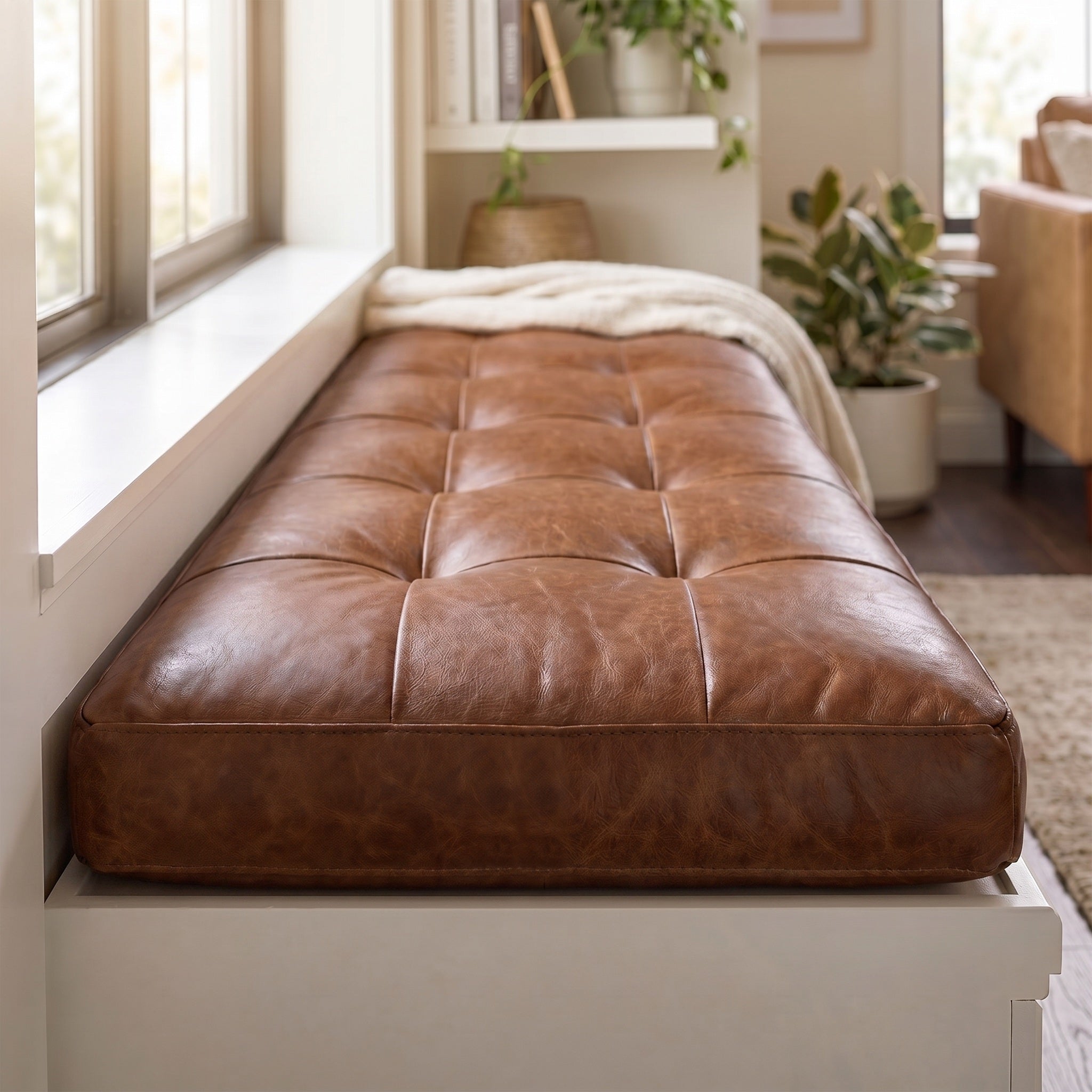 Custom Brown Tufted Leather Bench Seat Cushion