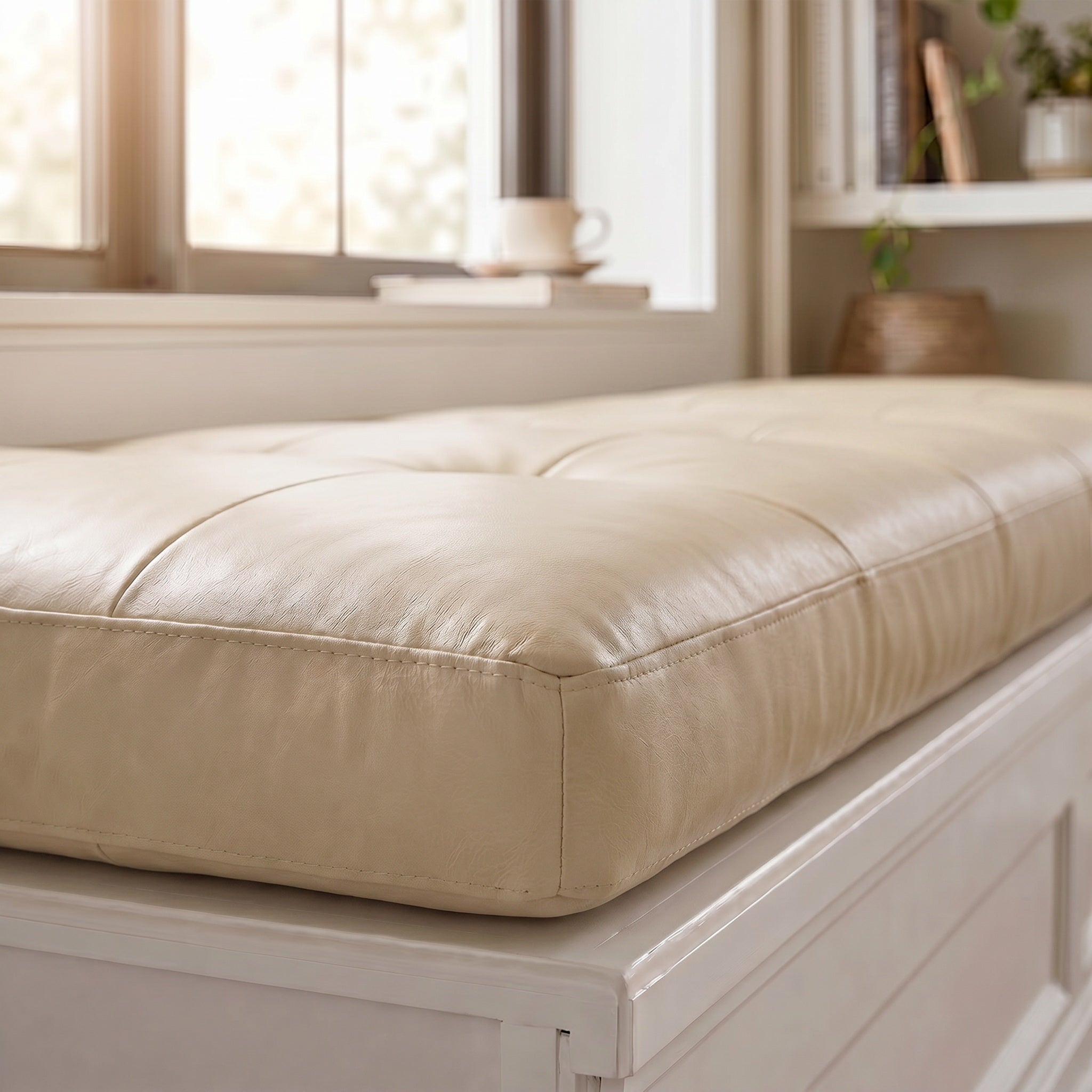 Custom Beige Tufted Leather Bench Seat Cushion