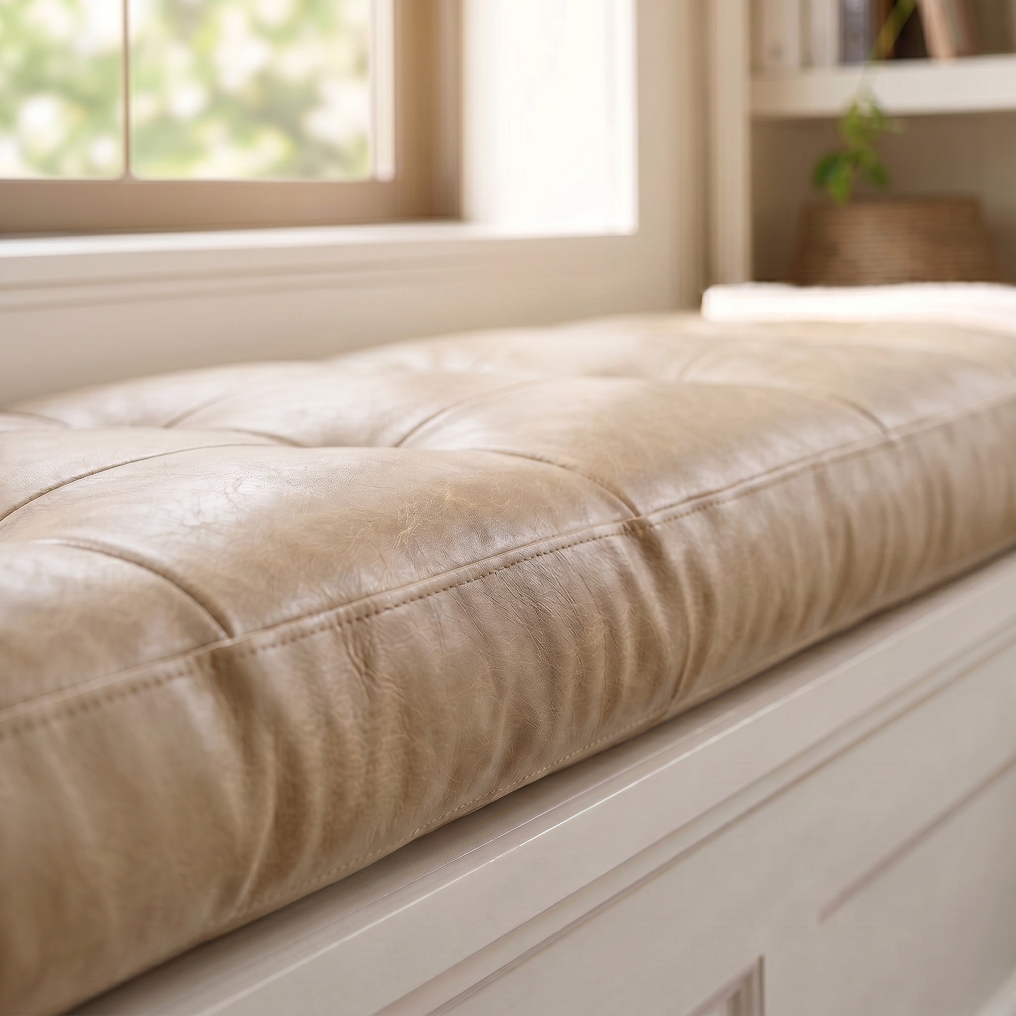 Custom Beige Tufted Leather Bench Seat Cushion