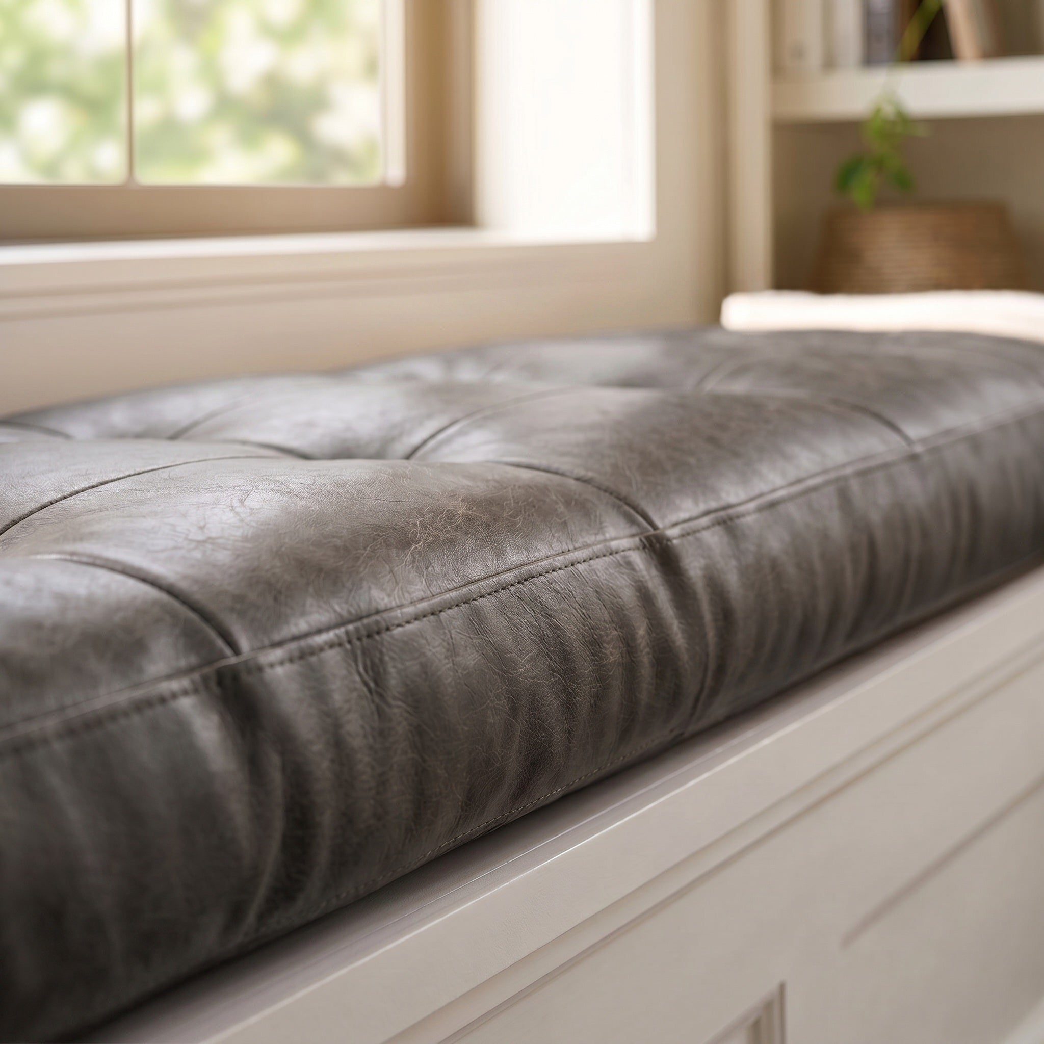 Custom Antracite Tufted Leather Bench Seat Cushion