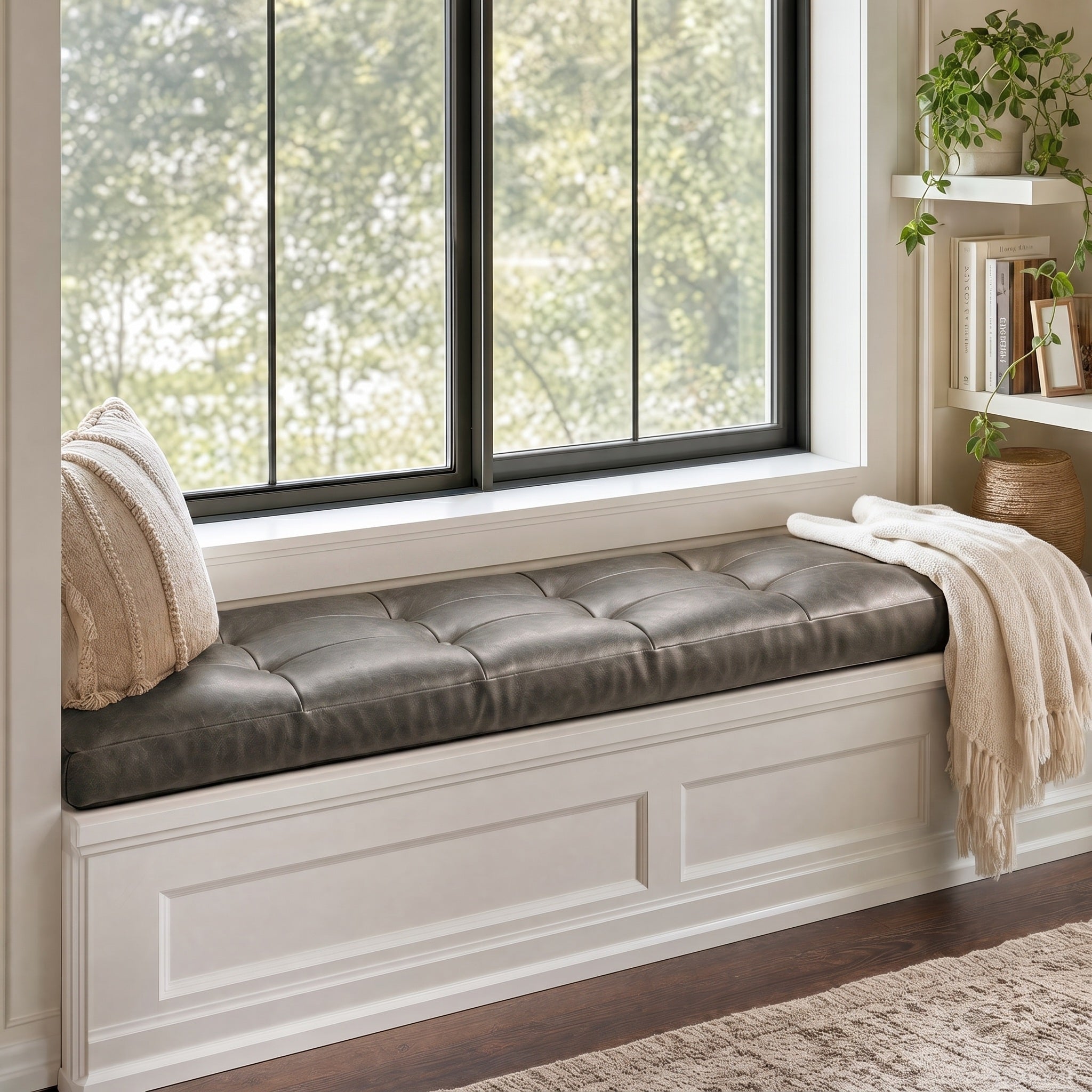 Custom Antracite Tufted Leather Bench Seat Cushion