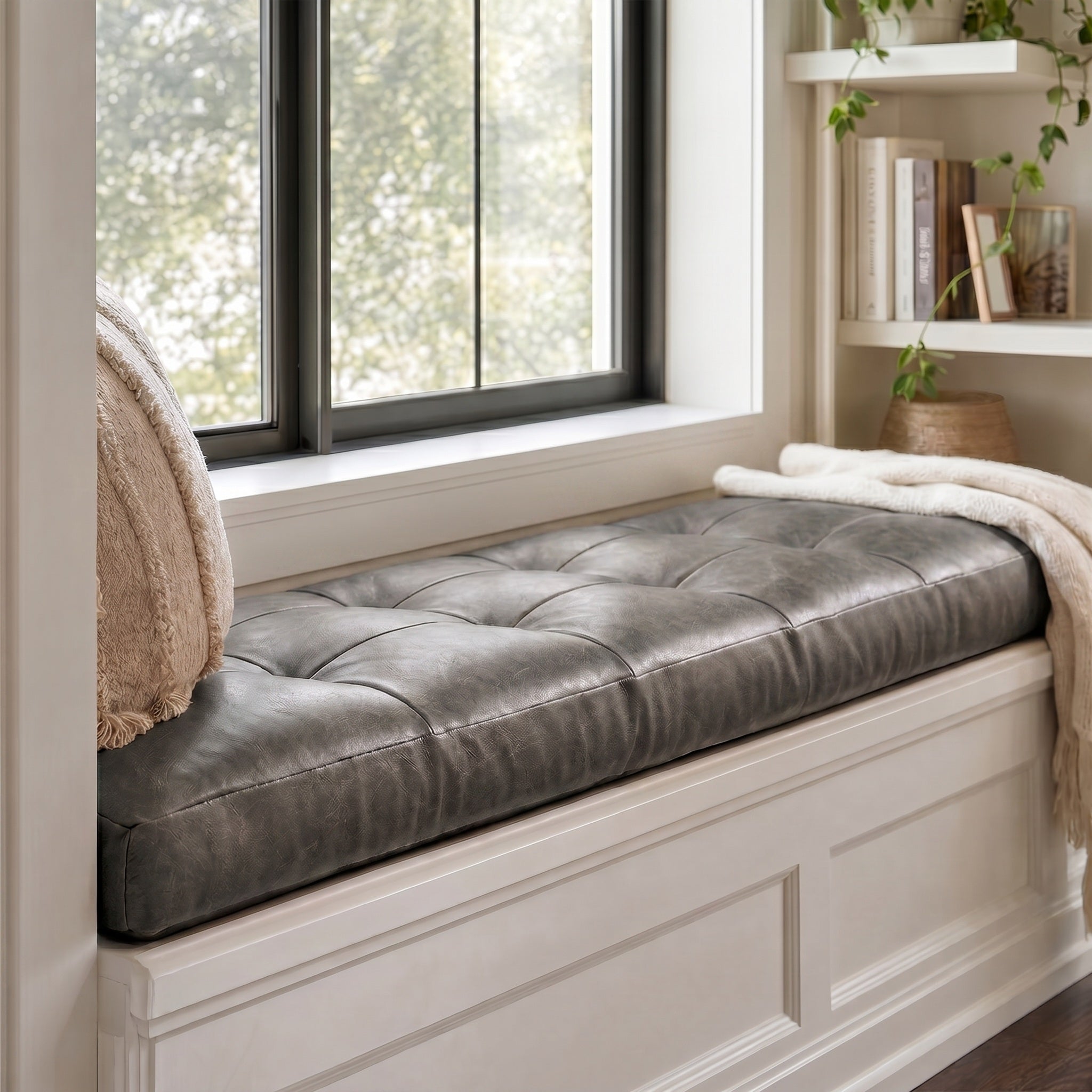 Custom Antracite Tufted Leather Bench Seat Cushion