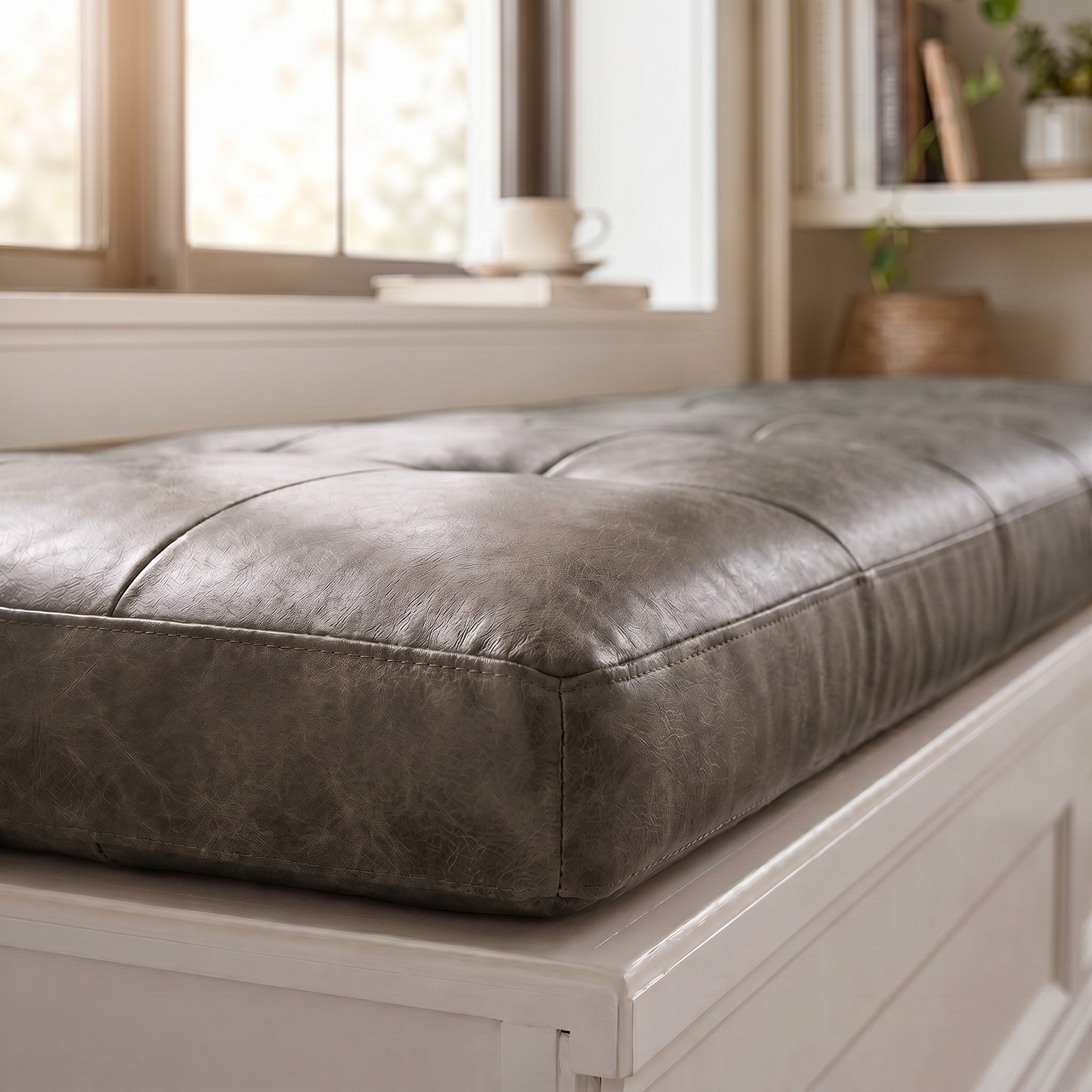 Custom Antracite Tufted Leather Bench Seat Cushion