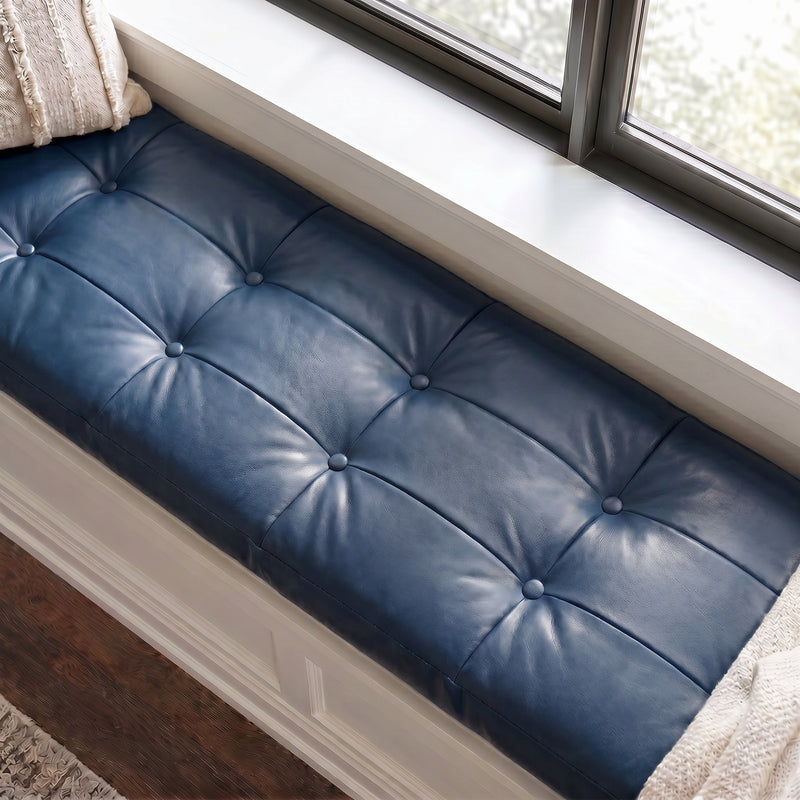 Custom Blue Tufted Leather Bench Seat Cushion