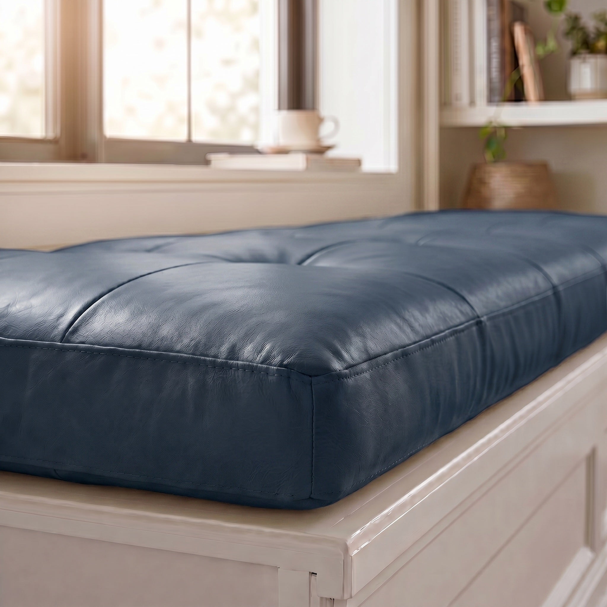 Custom Blue Tufted Leather Bench Seat Cushion