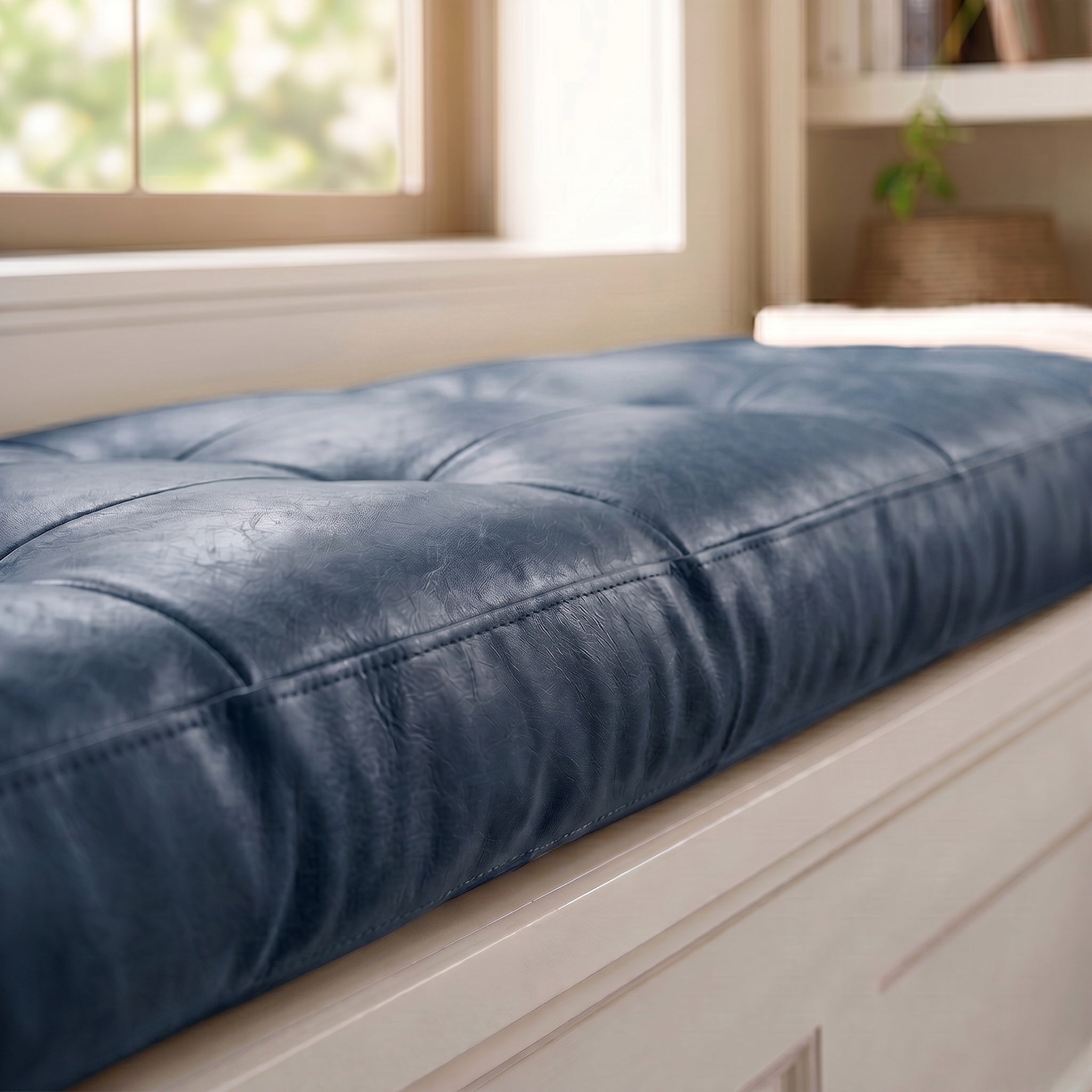 Custom Blue Tufted Leather Bench Seat Cushion