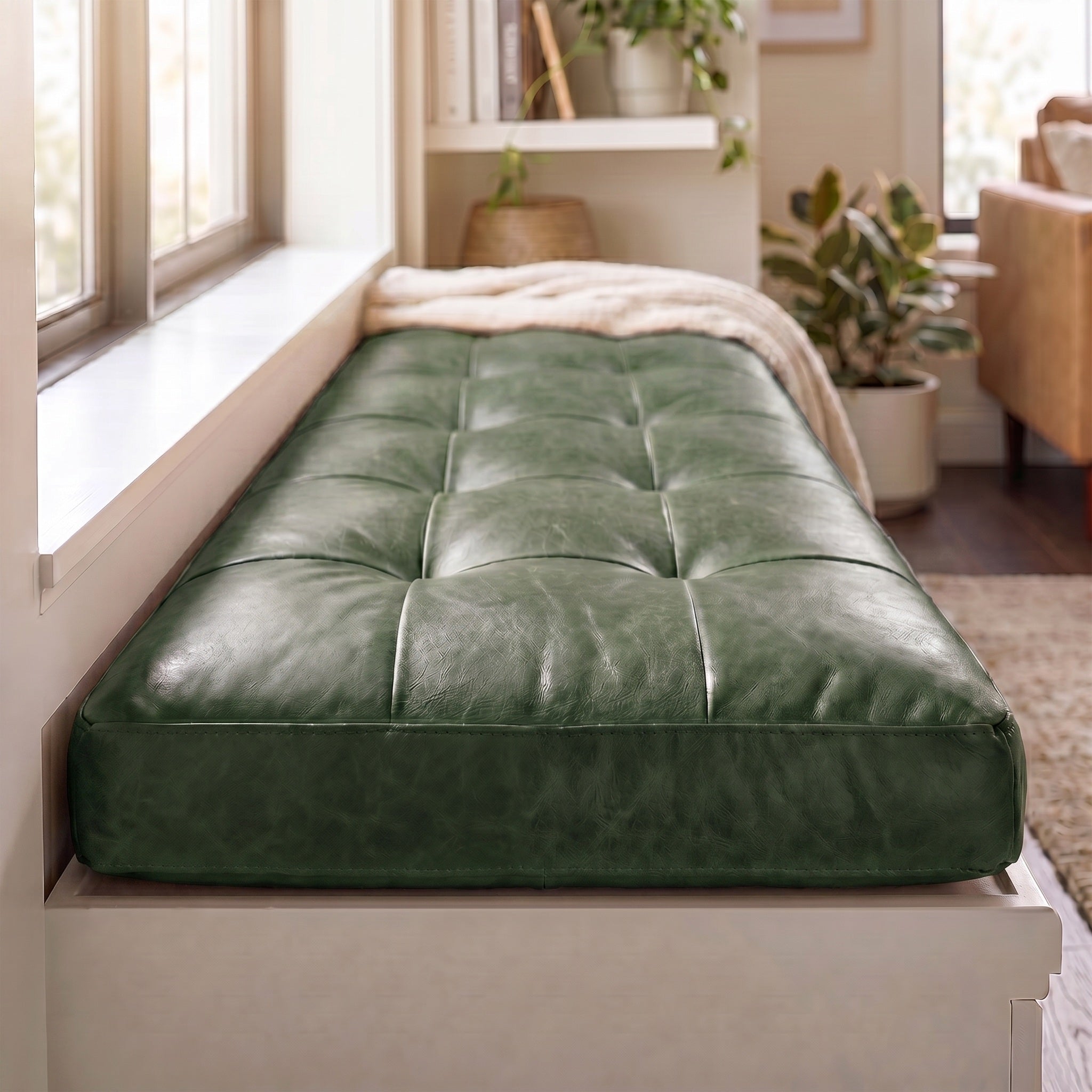 Custom Green Tufted Leather Bench Seat Cushion