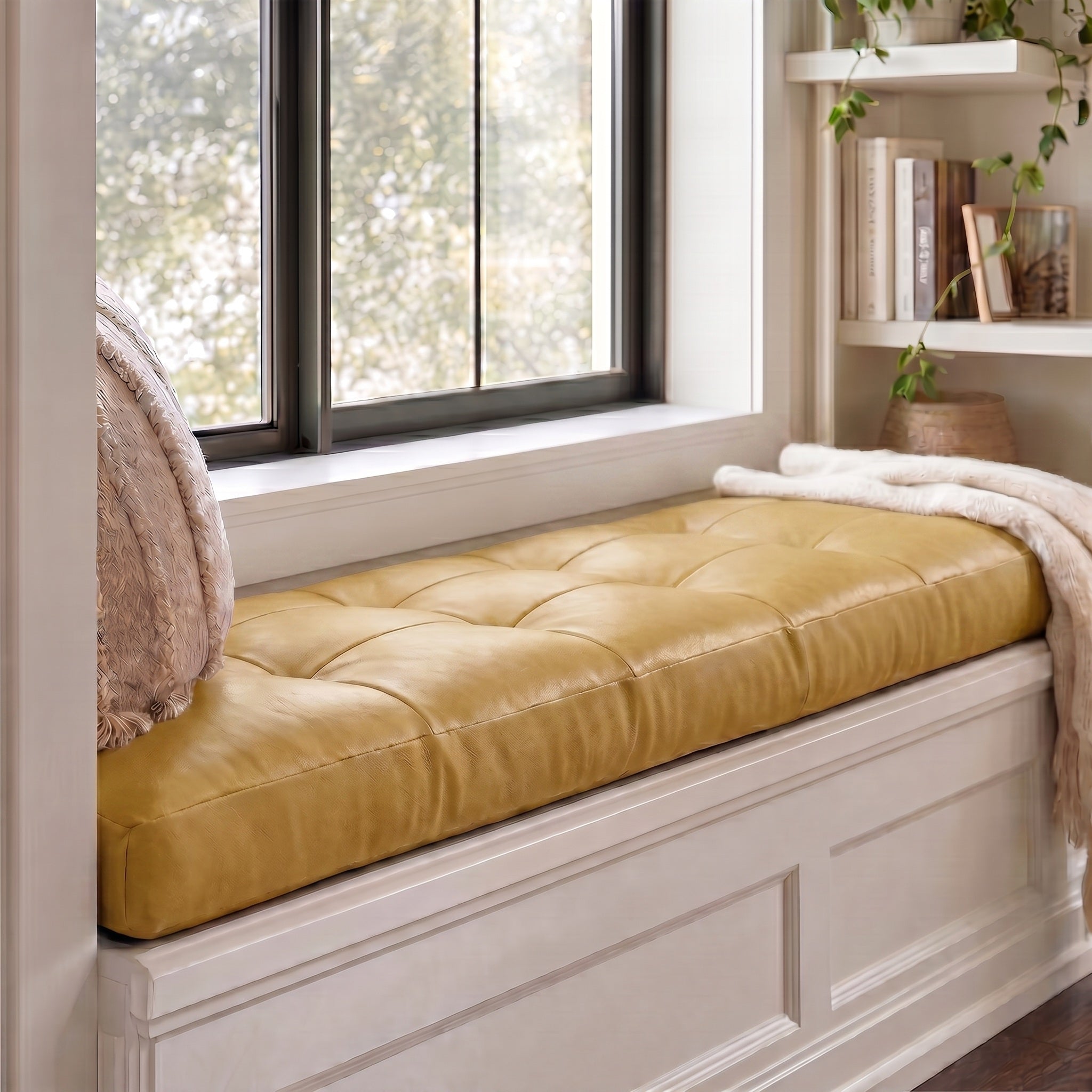 Custom Yellow Tufted Leather Bench Seat Cushion