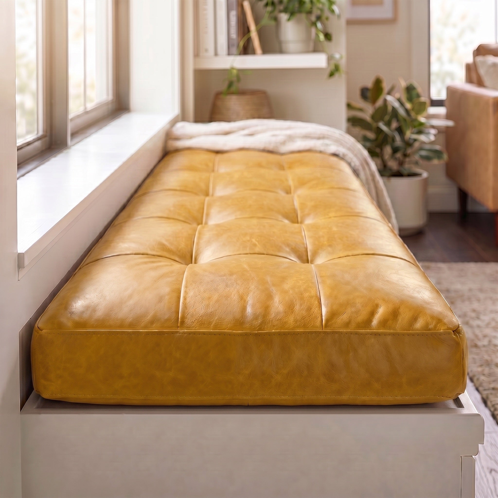Custom Yellow Tufted Leather Bench Seat Cushion