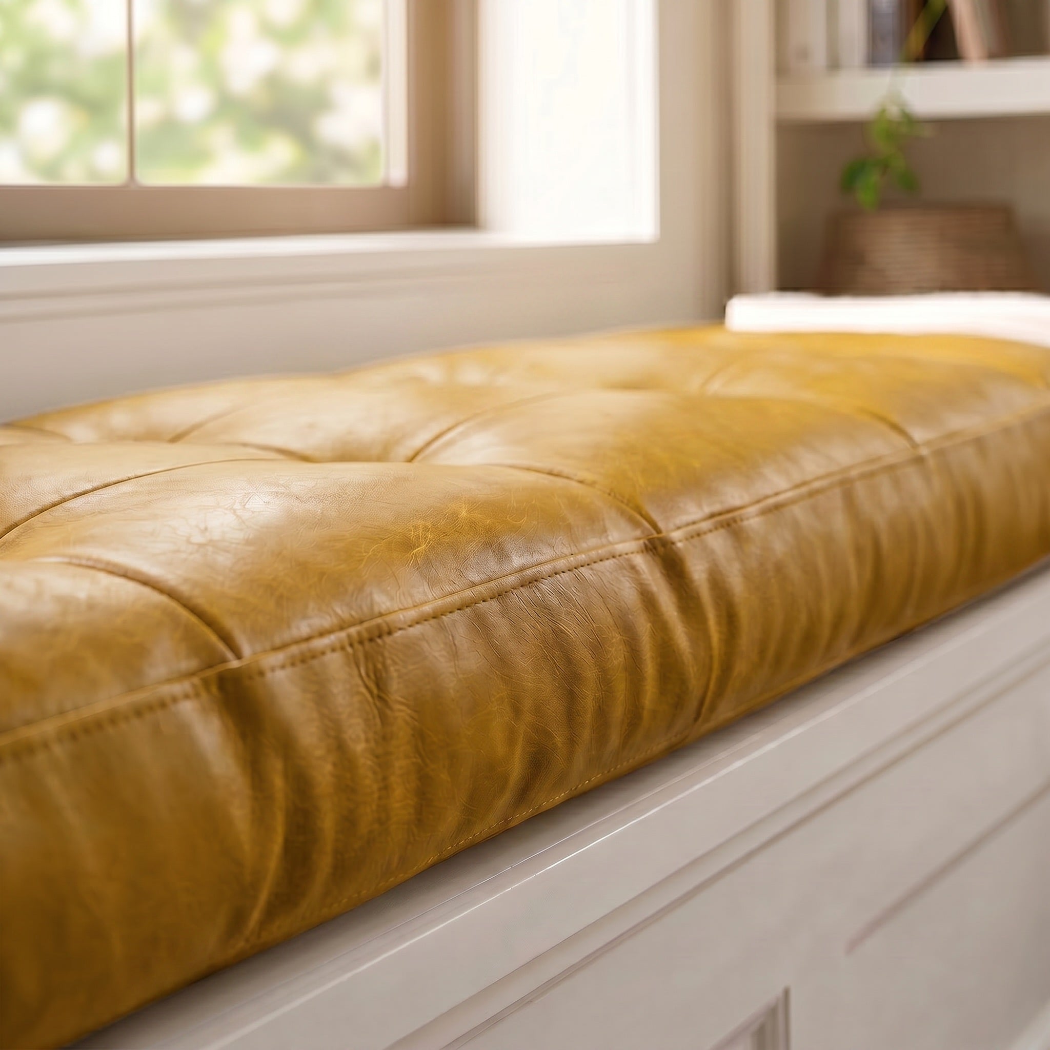Custom Yellow Tufted Leather Bench Seat Cushion