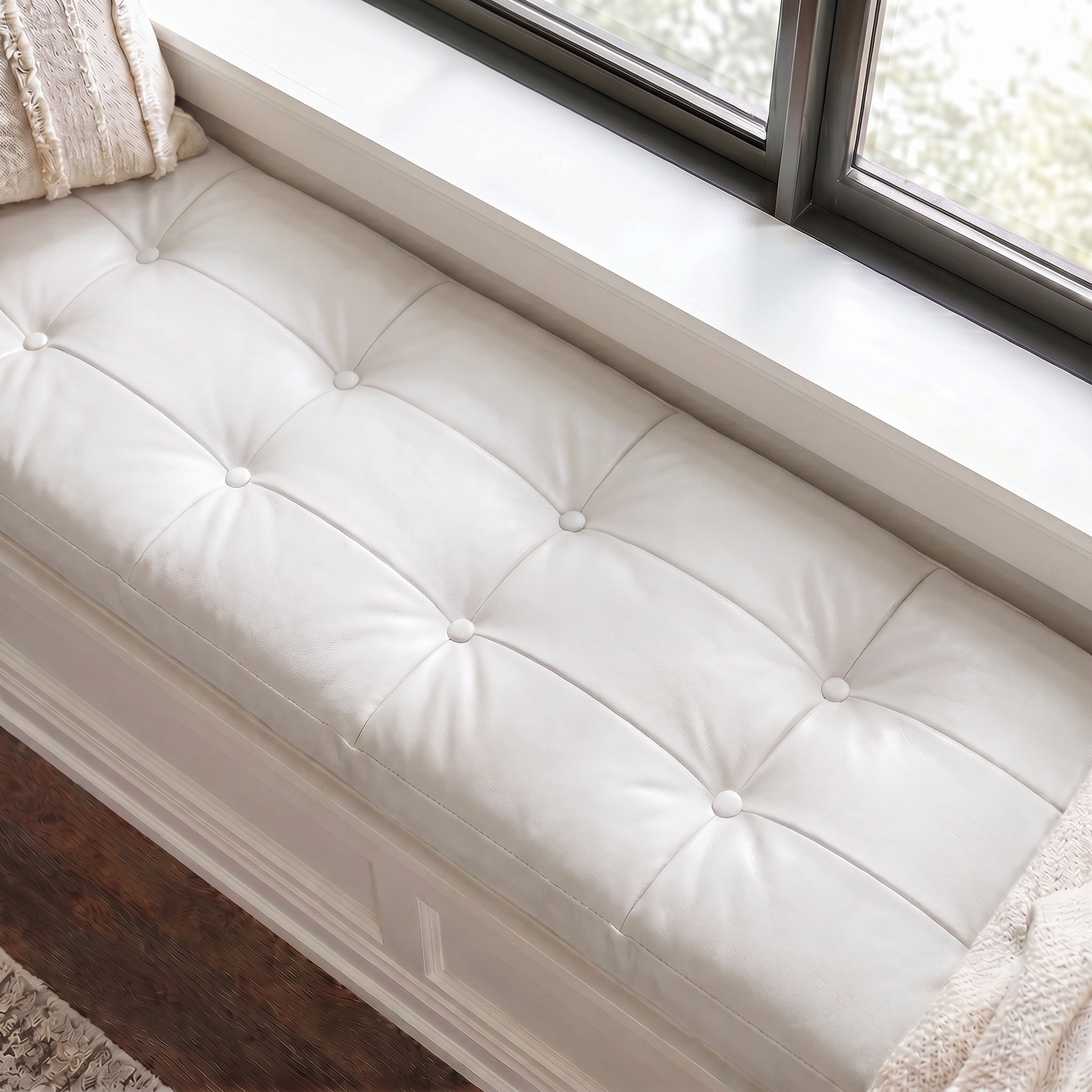 Custom White Tufted Leather Bench Seat Cushion