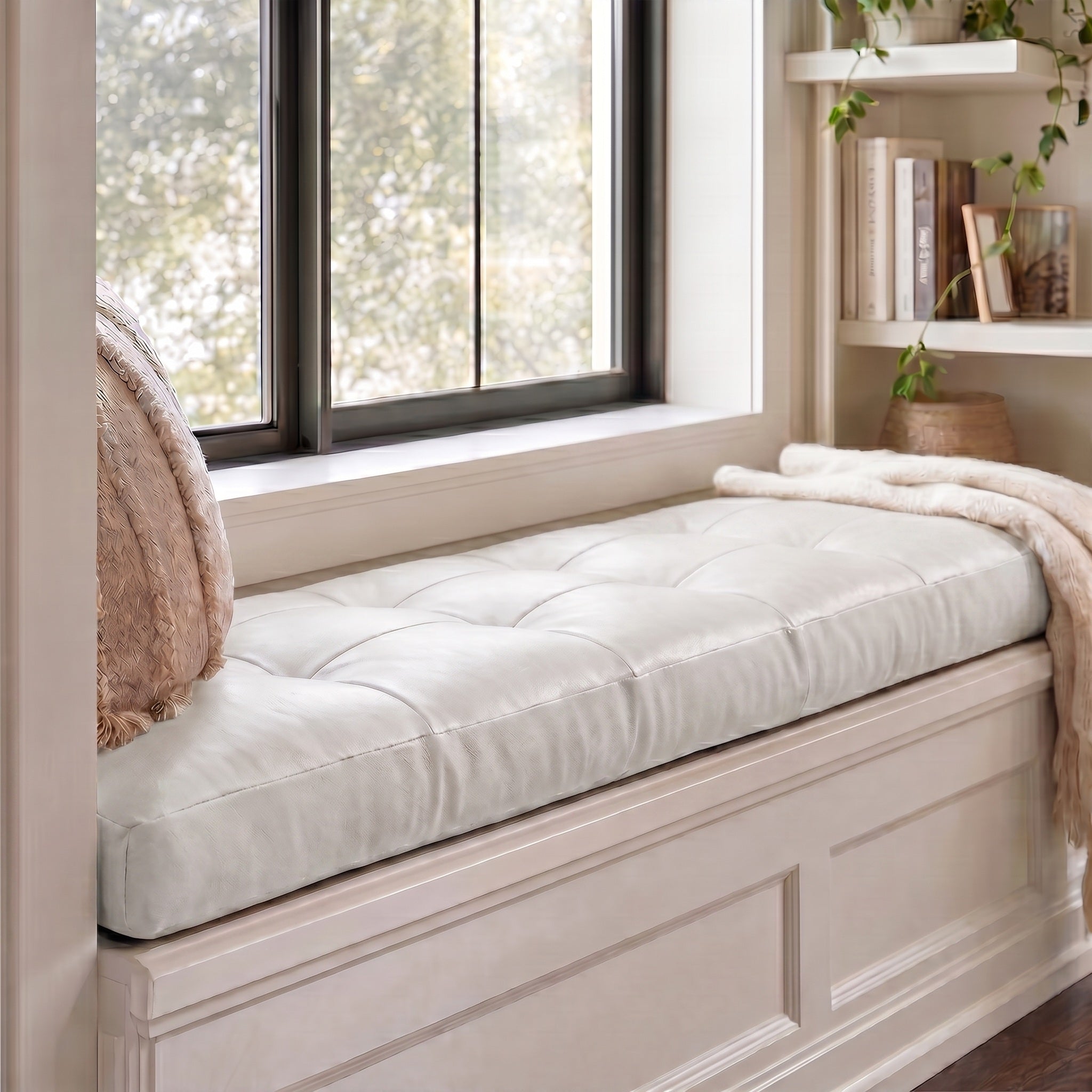 Custom White Tufted Leather Bench Seat Cushion