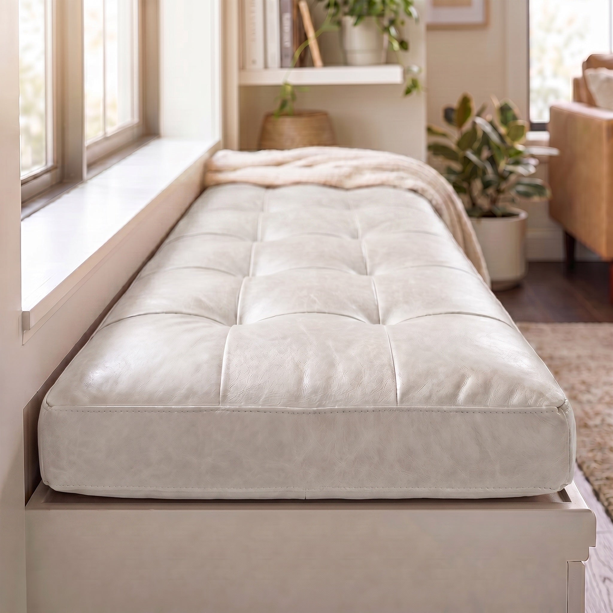 Custom White Tufted Leather Bench Seat Cushion