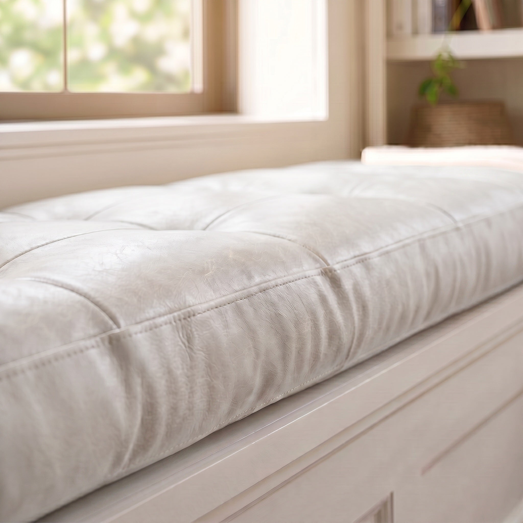 Custom White Tufted Leather Bench Seat Cushion