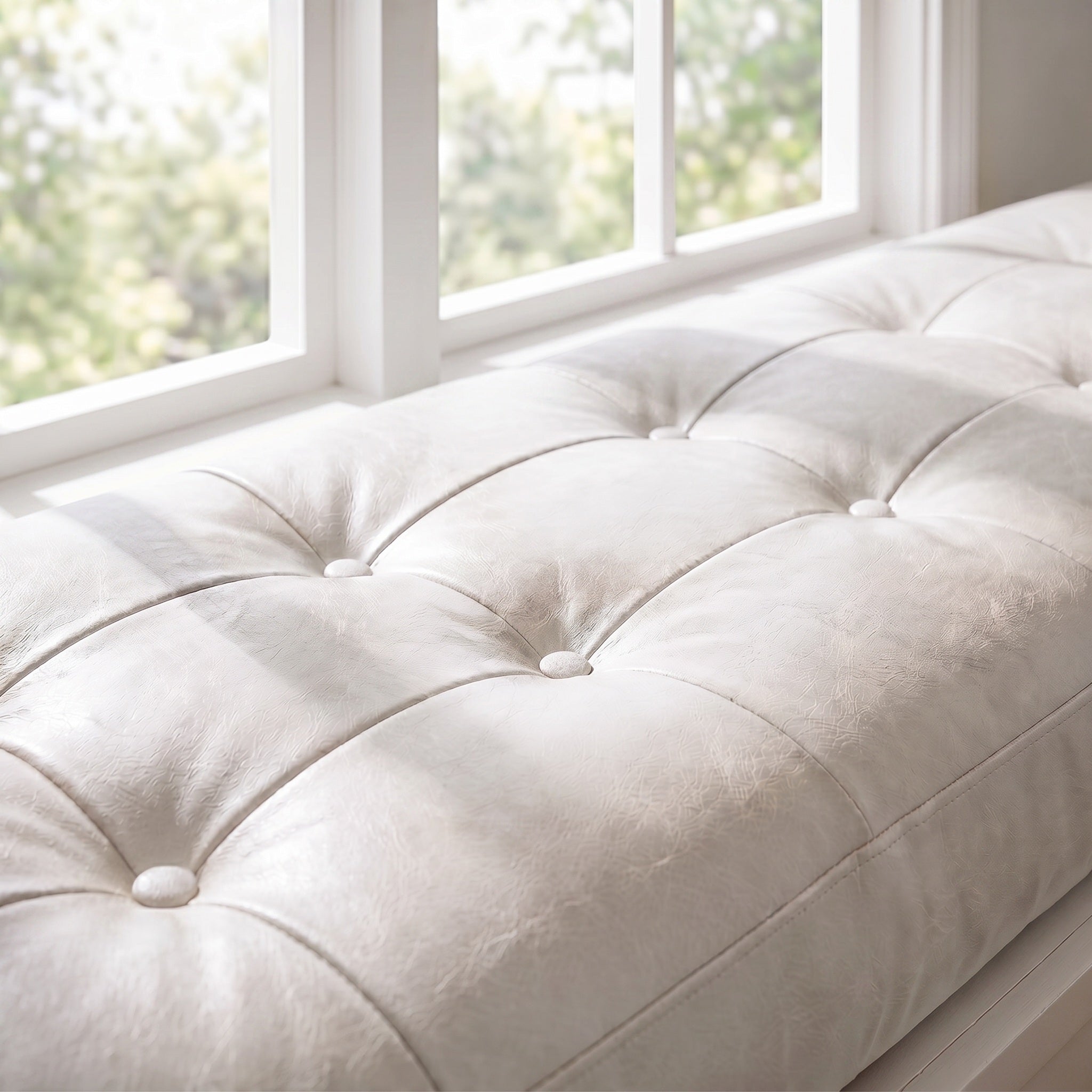 Custom White Tufted Leather Bench Seat Cushion