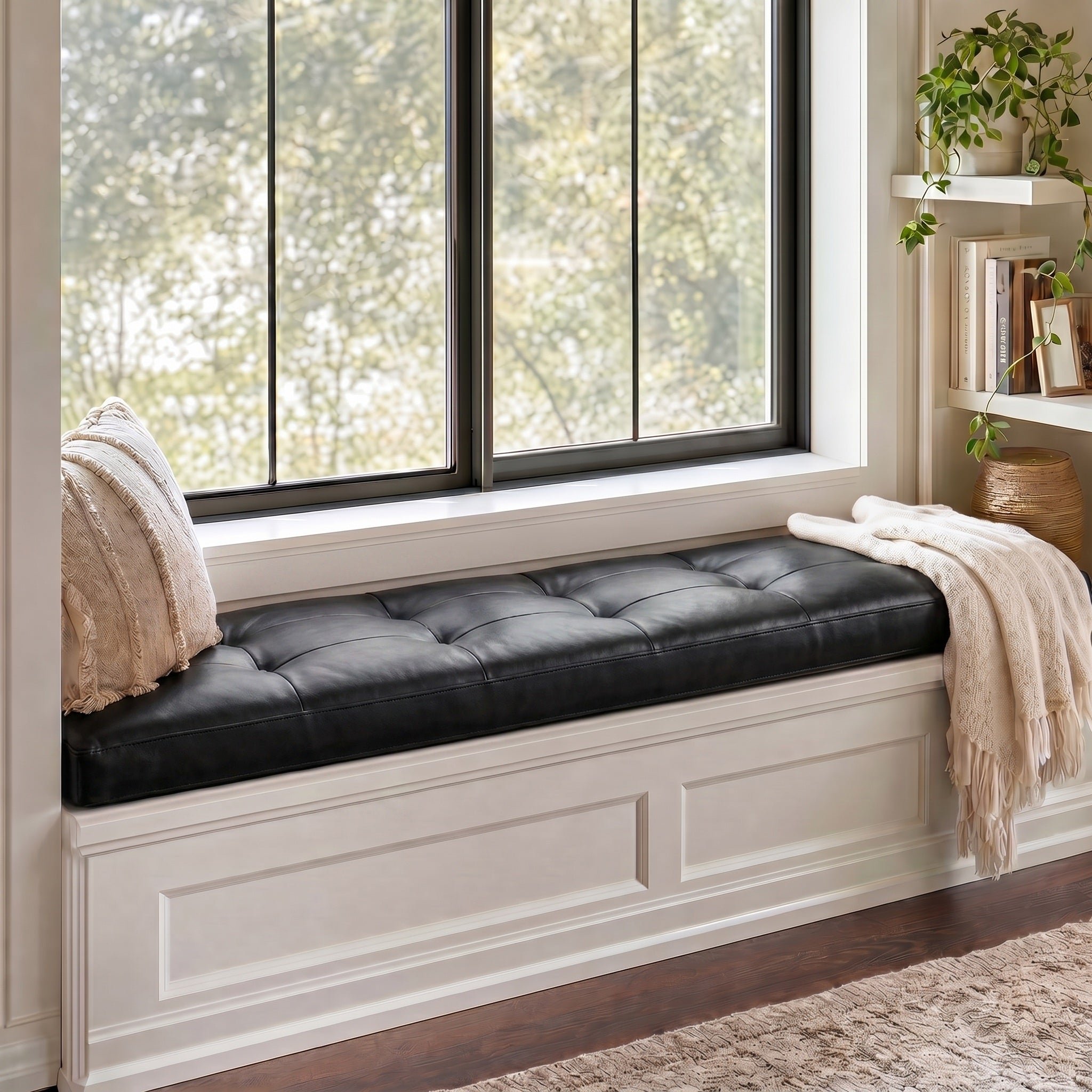 Custom Black Tufted Leather Bench Seat Cushion