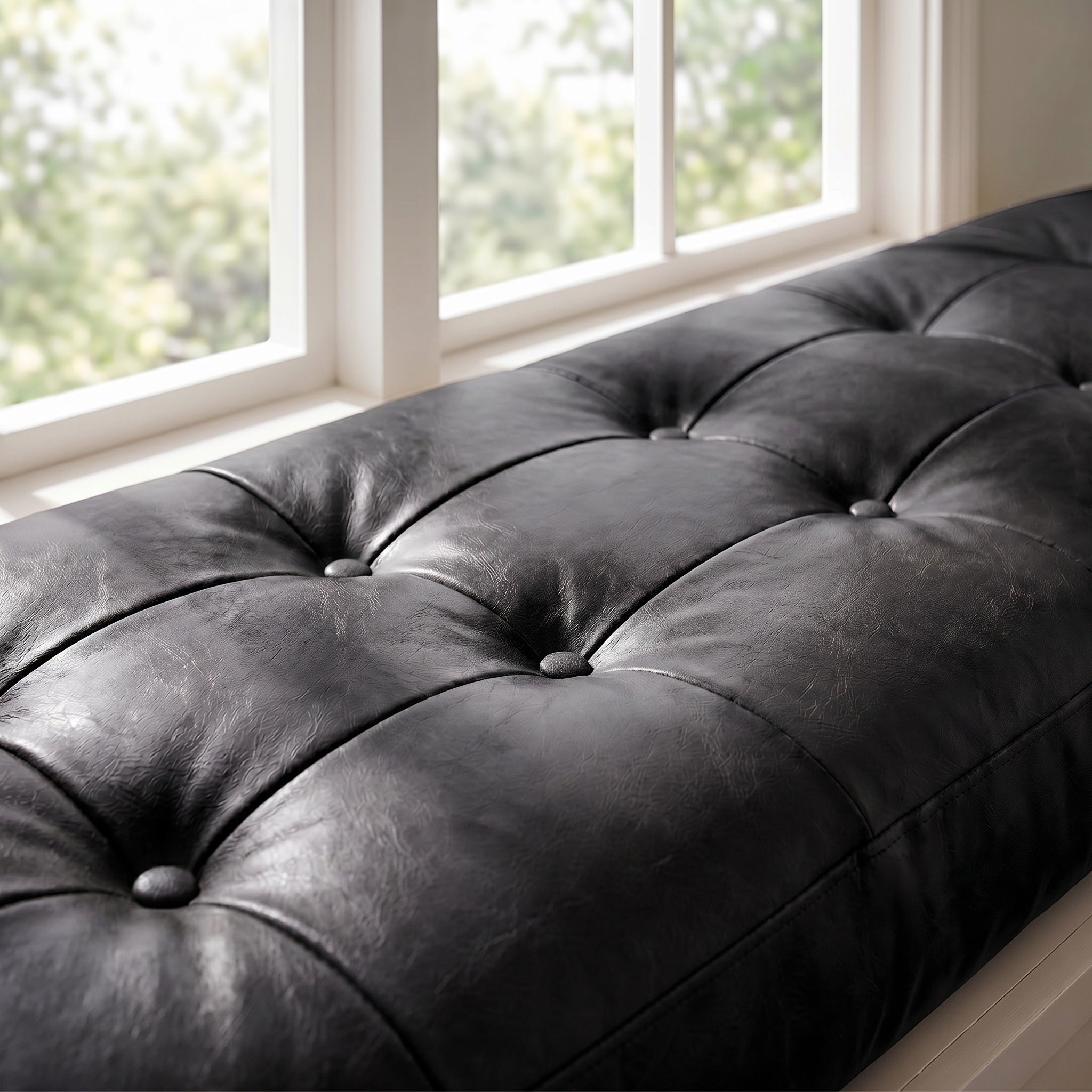 Custom Black Tufted Leather Bench Seat Cushion