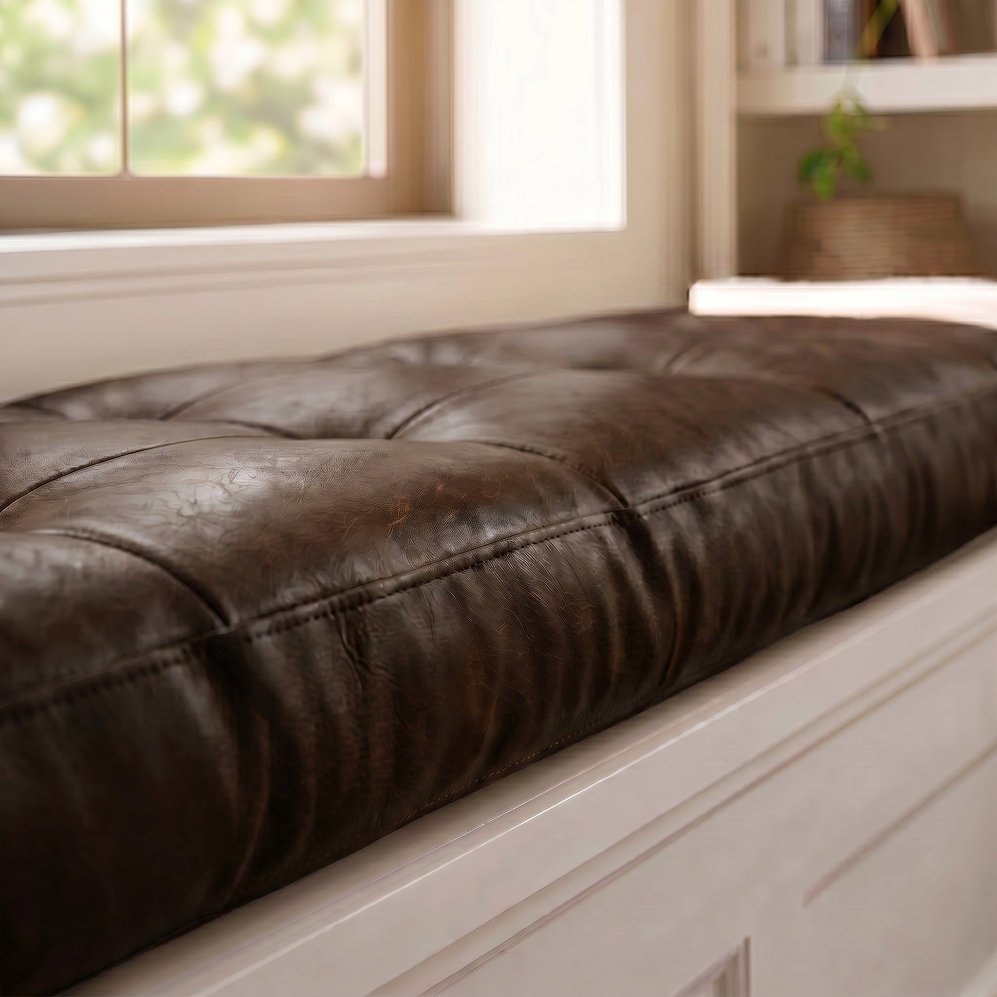 Custom Dark Brown Tufted Leather Bench Seat Cushion