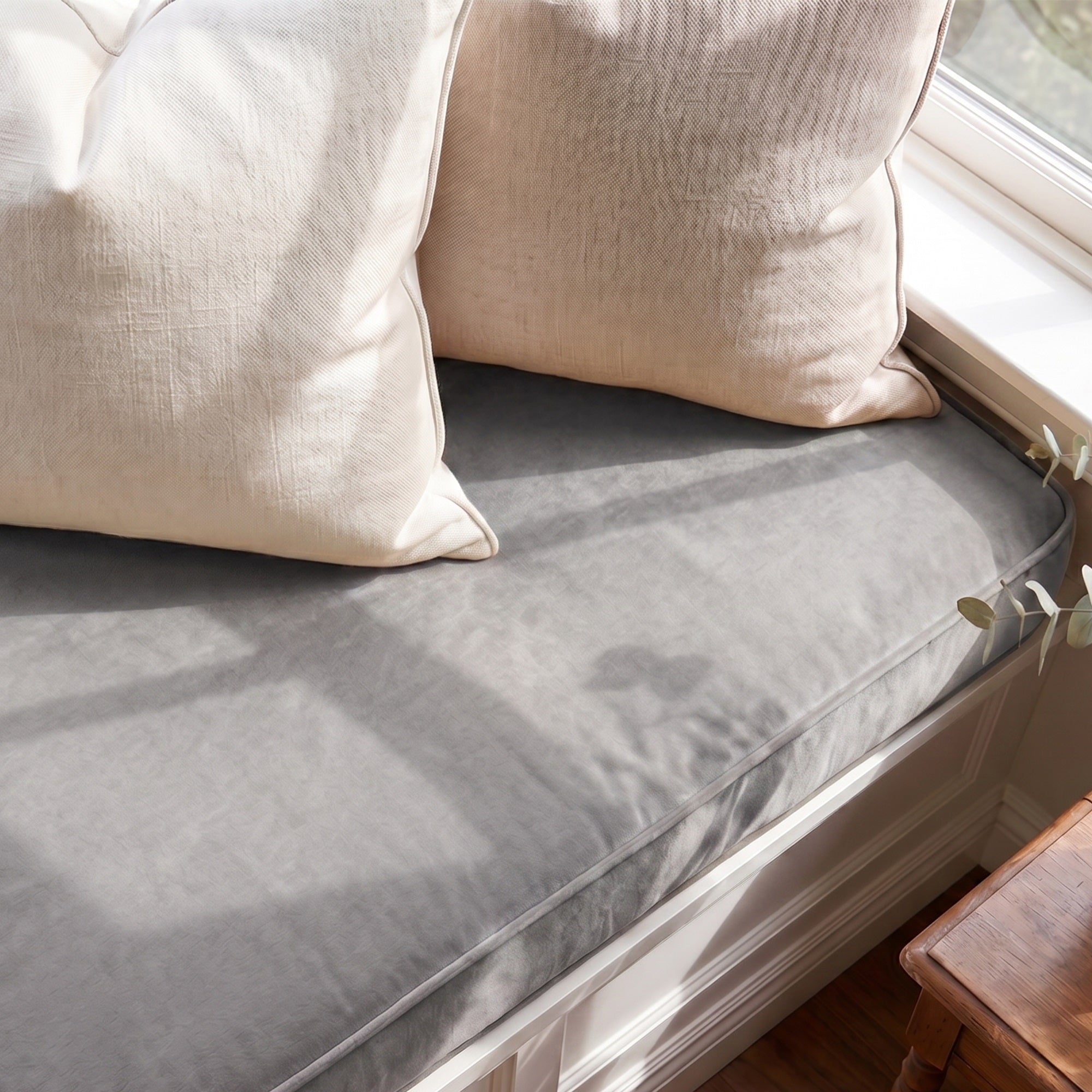 Custom Velvet & Cotton Gray Flat Window Seat Cushion - Baby 23