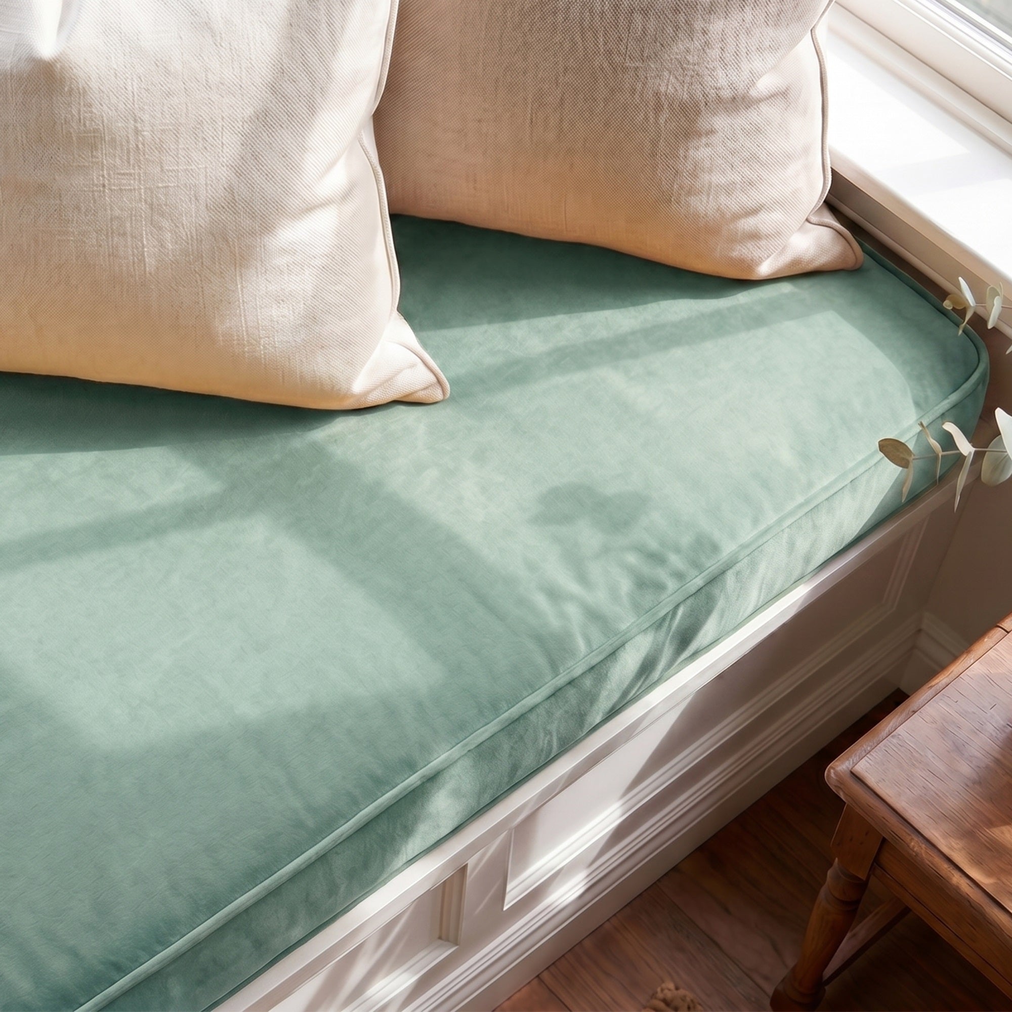 Custom Velvet & Cotton Sage Green Flat Window Seat Cushion - Baby 16