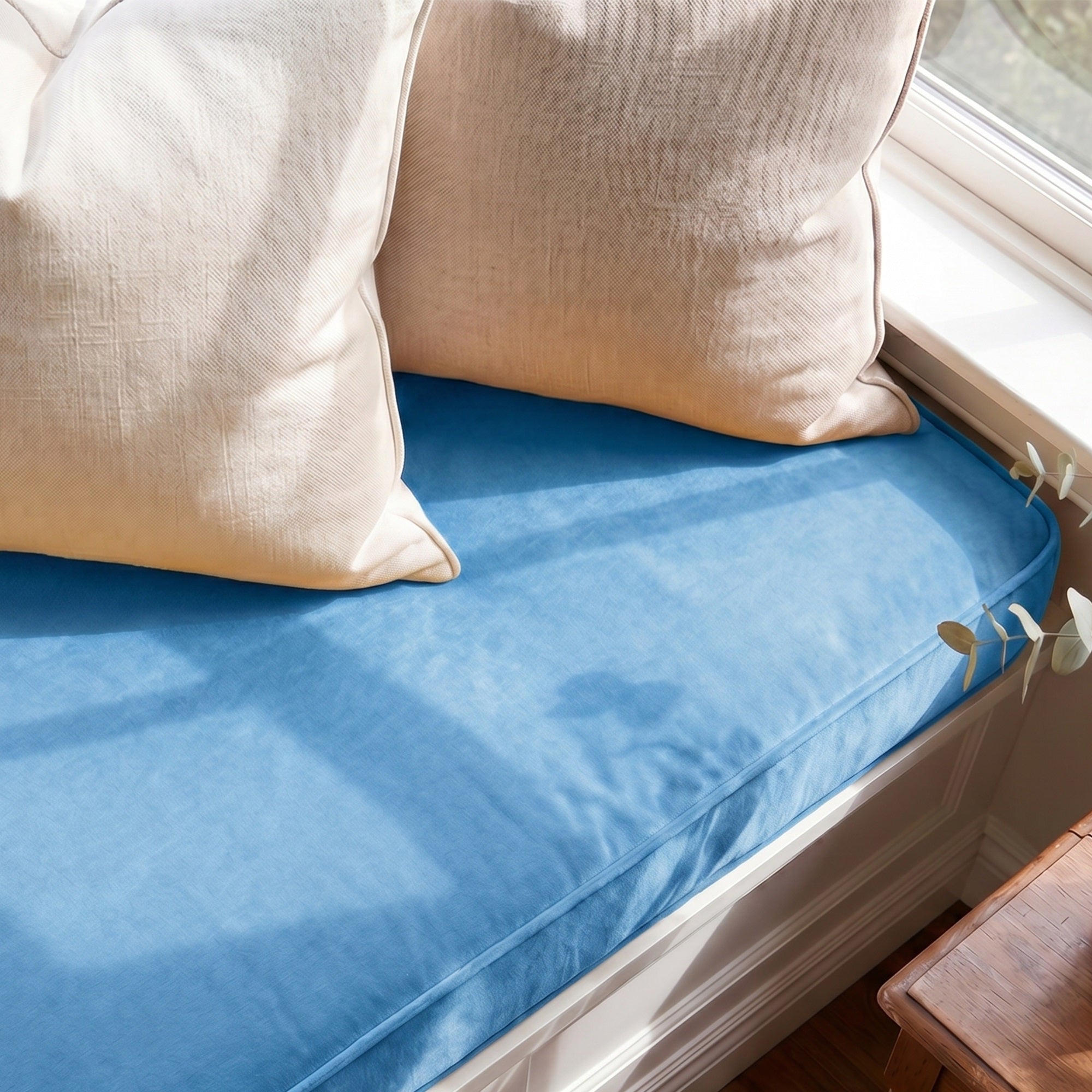 Custom Velvet & Cotton Blue Flat Window Seat Cushion COVER - Baby 19