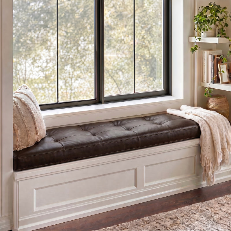 Custom Dark Brown Tufted Leather Bench Seat Cushion