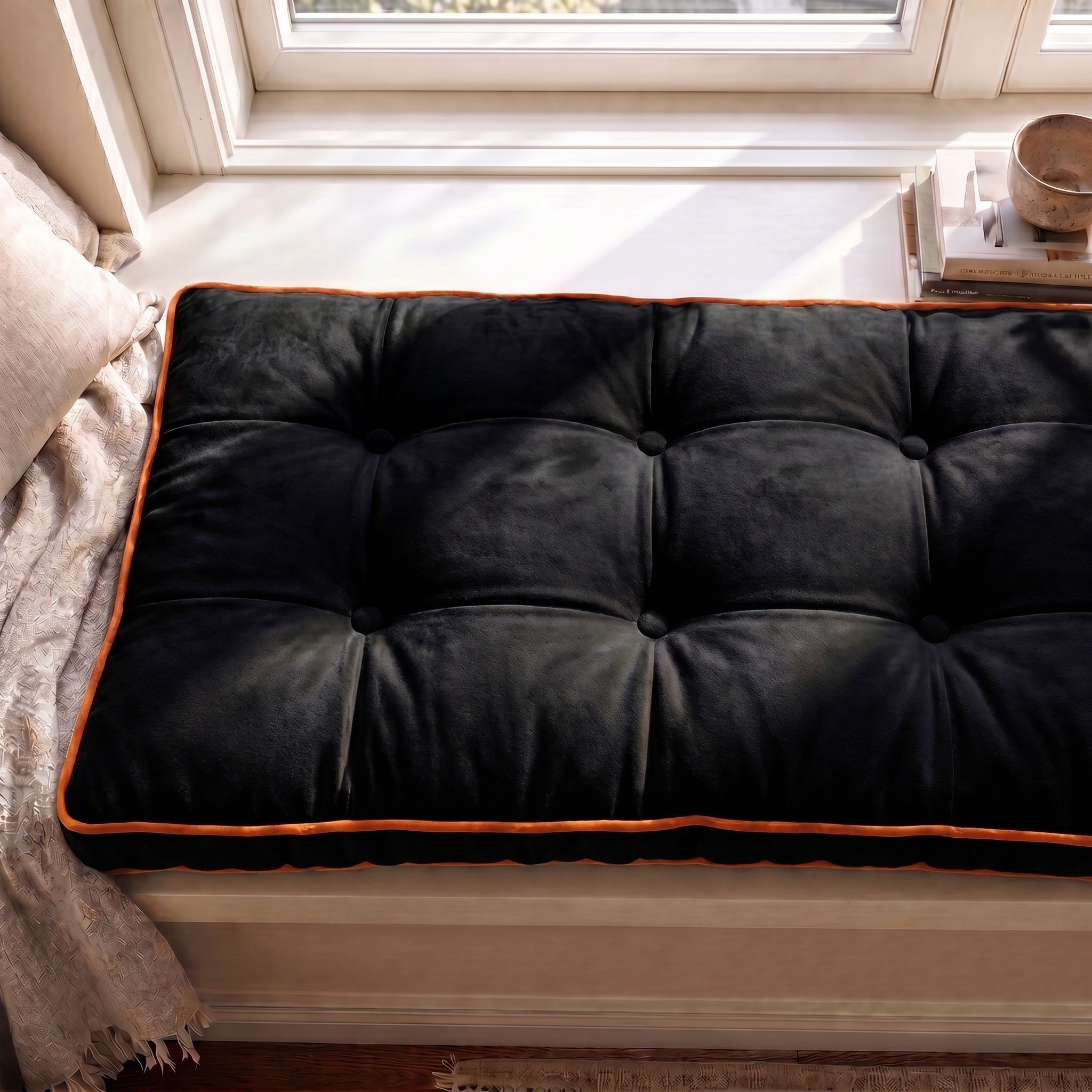 Custom Velvet & Cotton Colorful Piping Tufted Mudroom Bench Cushion