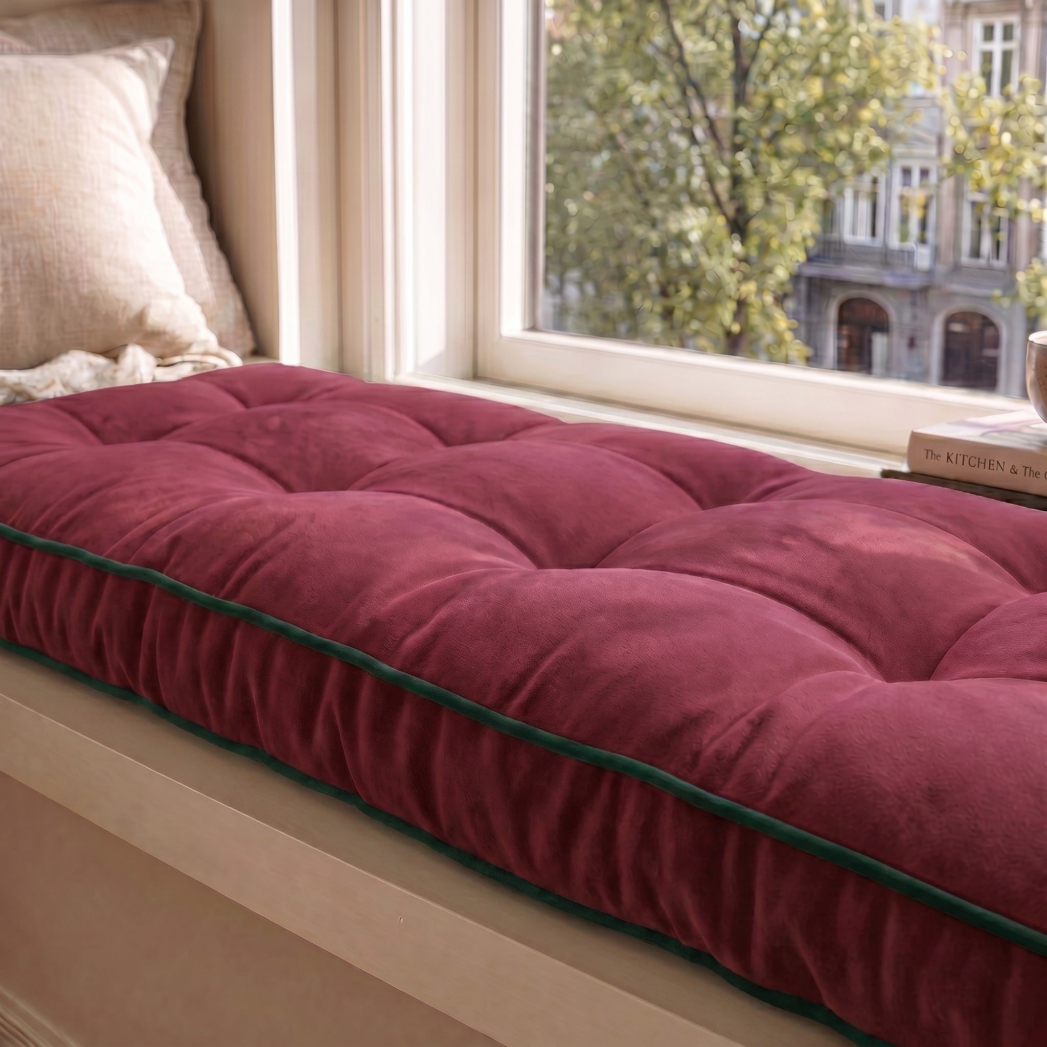 Custom Velvet & Cotton Colorful Piping Tufted Window Seat Cushion