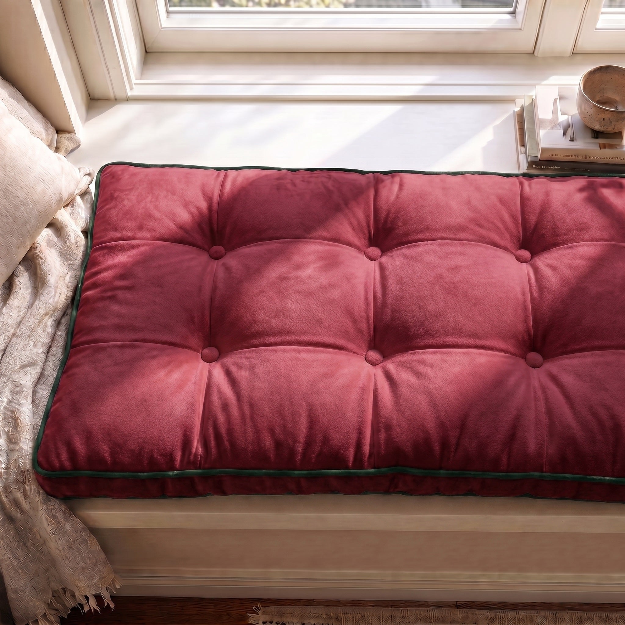 Custom Velvet & Cotton Colorful Piping Tufted Window Seat Cushion