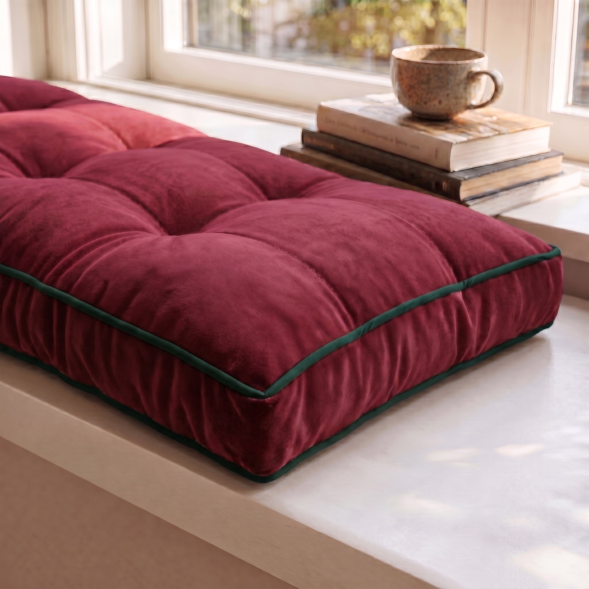 Custom Velvet & Cotton Colorful Piping Tufted Window Seat Cushion