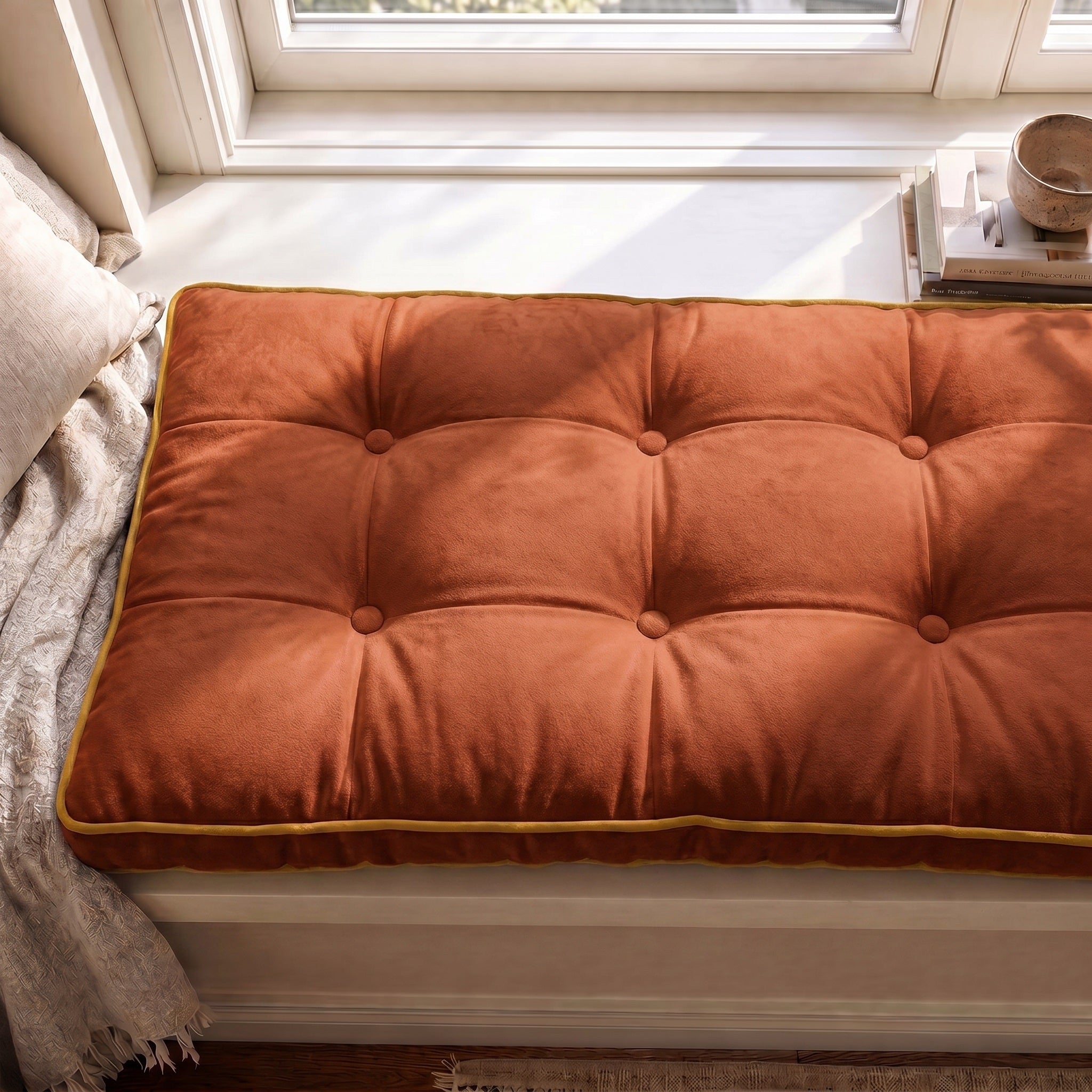 Custom Velvet & Cotton Colorful Piping Tufted Indoor Bench Cushion