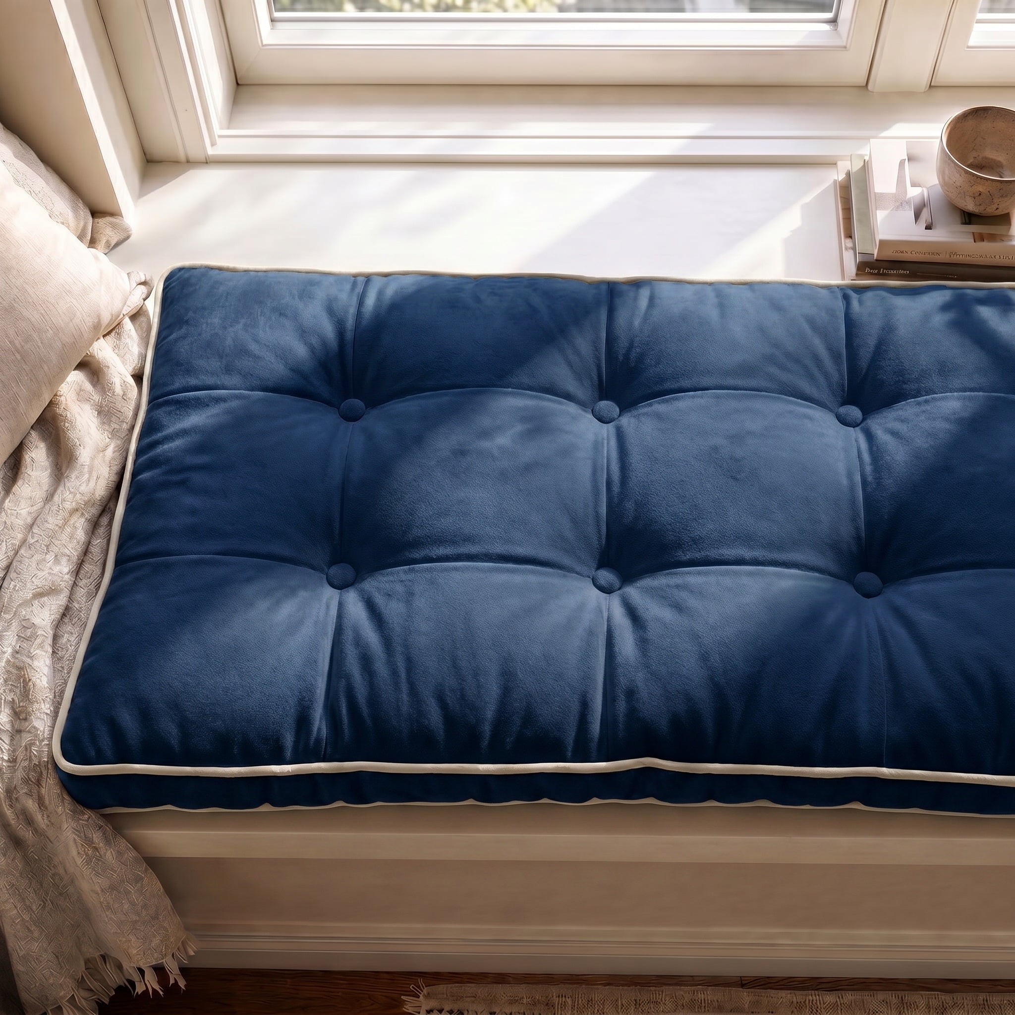 Custom Velvet & Cotton Colorful Piping Tufted Dining Bench Cushion
