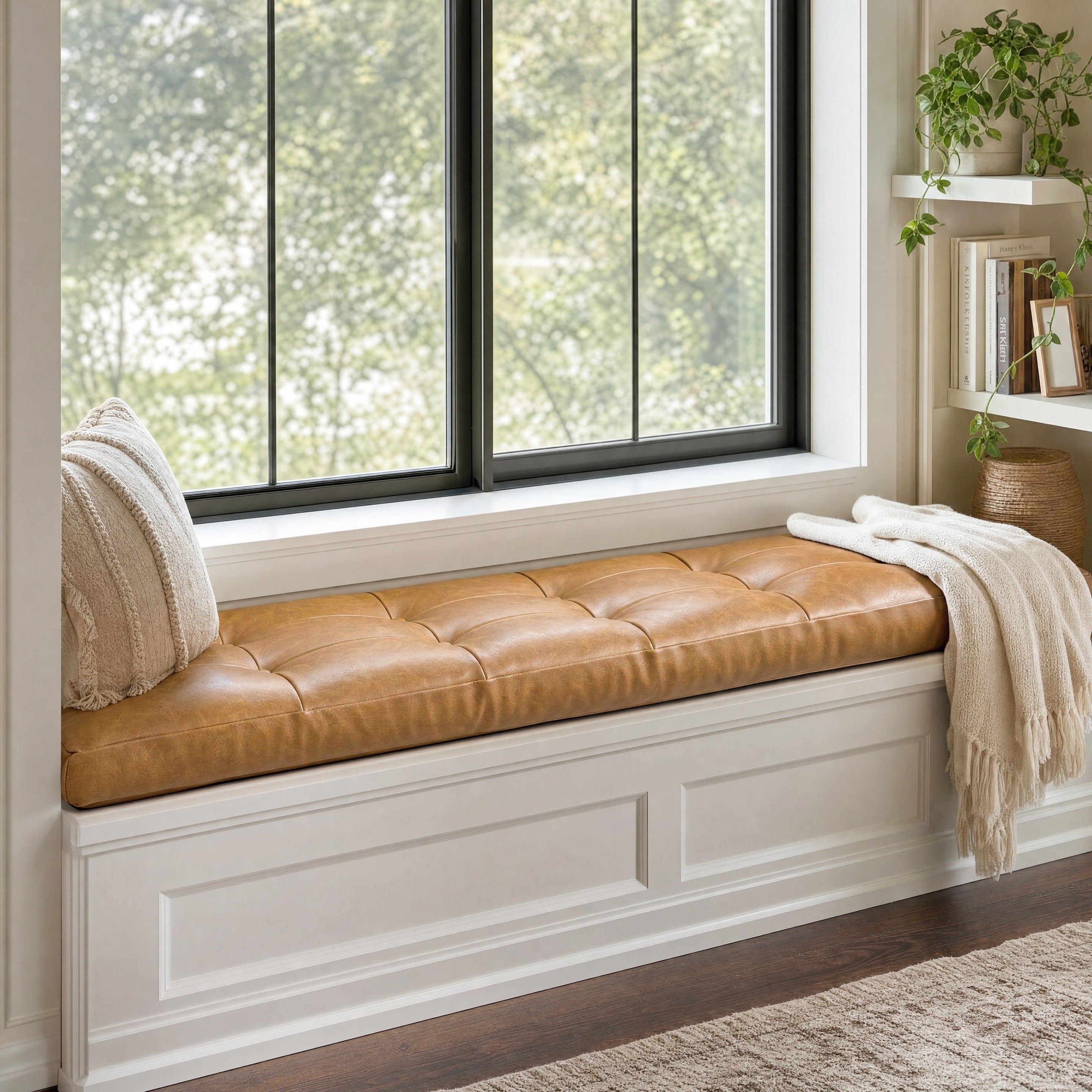 Custom Camel Tufted Leather Bench Seat Cushion