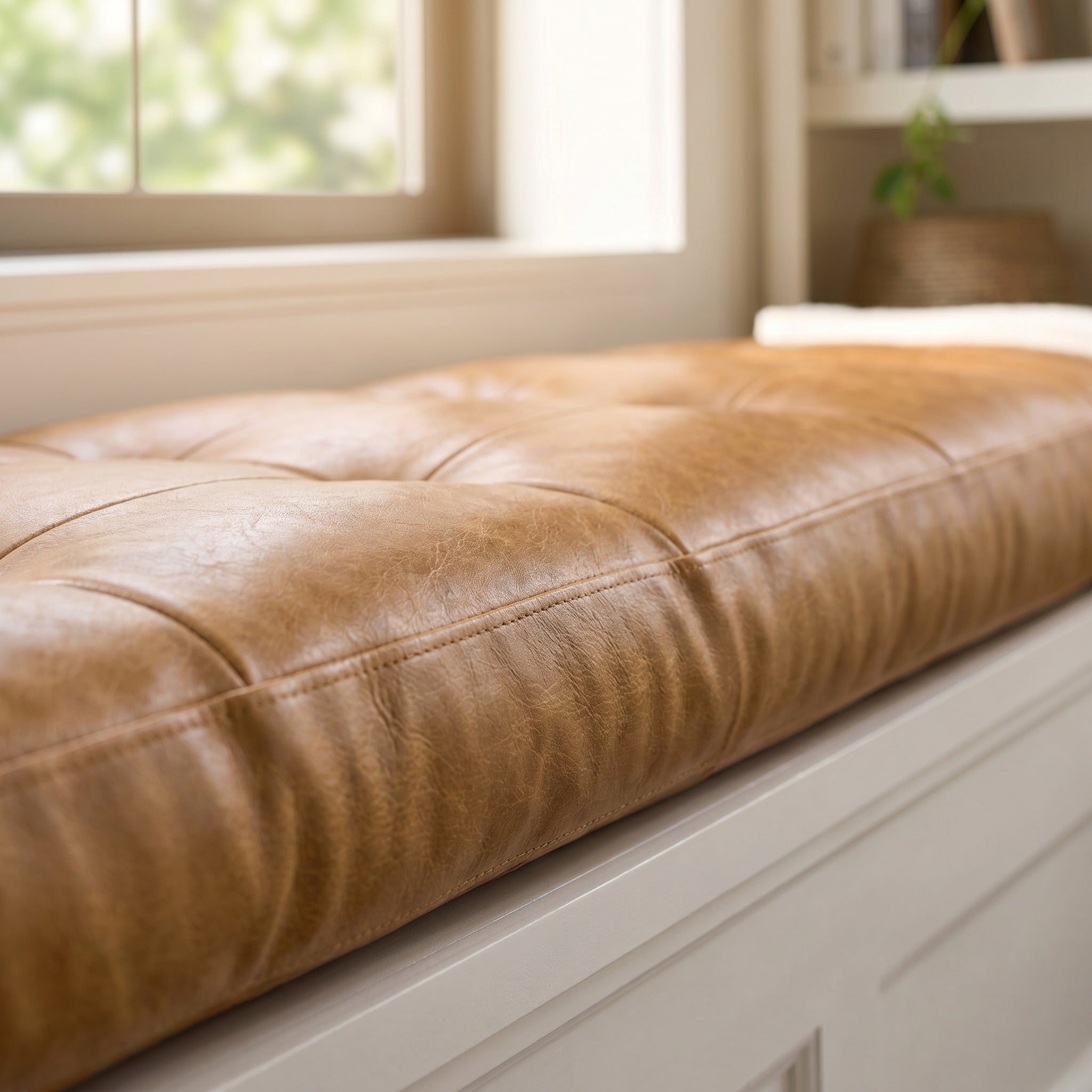 Custom Camel Tufted Leather Bench Seat Cushion