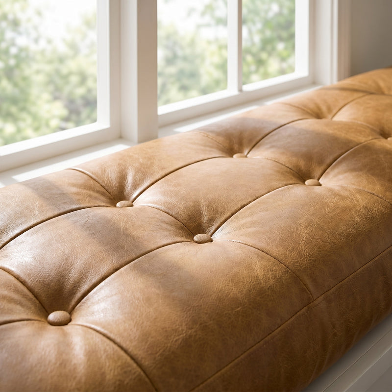 Custom Camel Tufted Leather Bench Seat Cushion