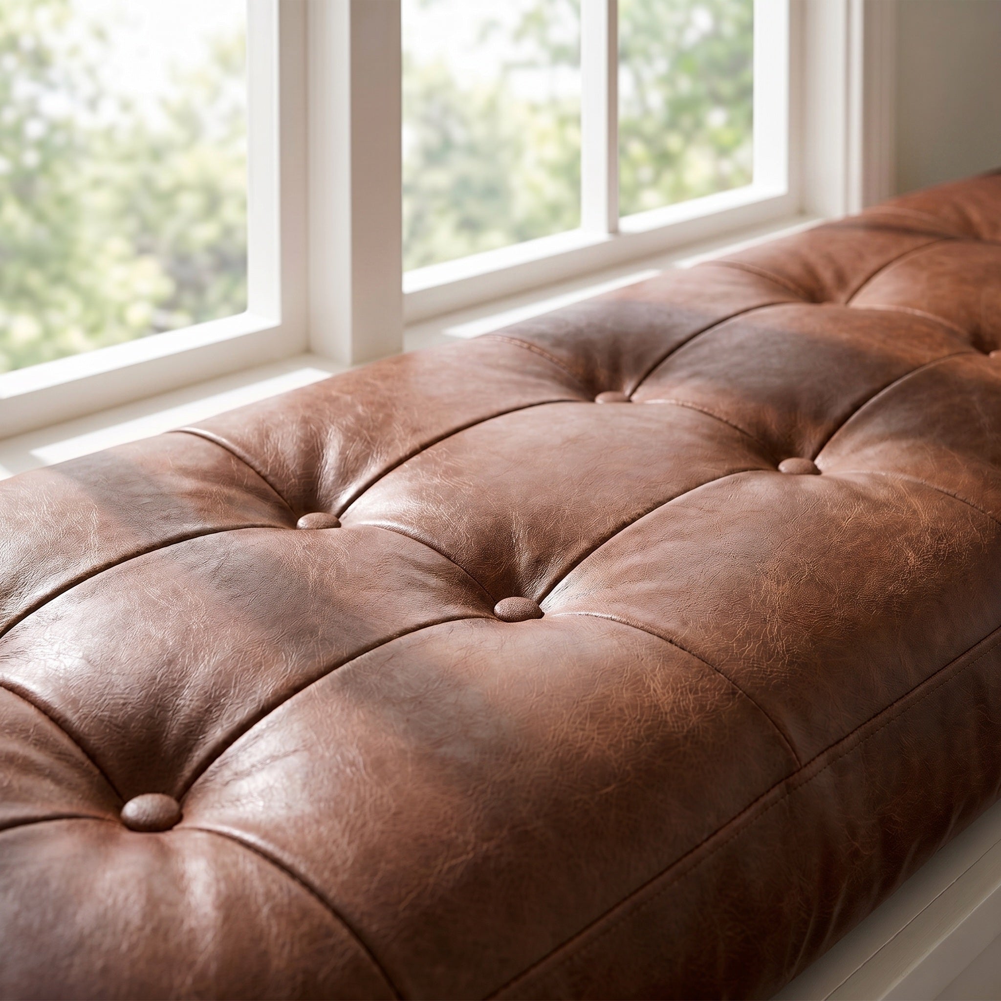 Custom Brown Tufted Leather Bench Seat Cushion