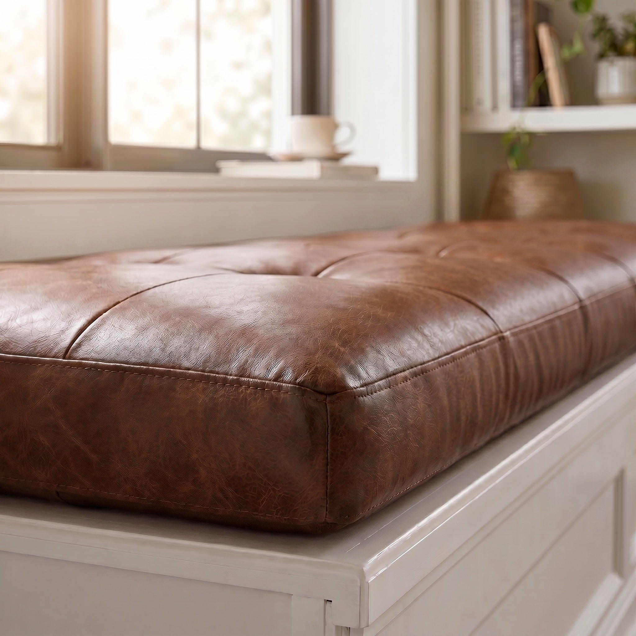 Custom Brown Tufted Leather Bench Seat Cushion